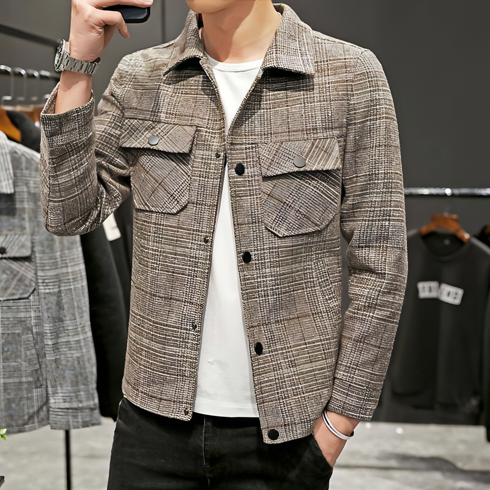 Men's Casual Plaid Jacket Lapel Cropped Coat