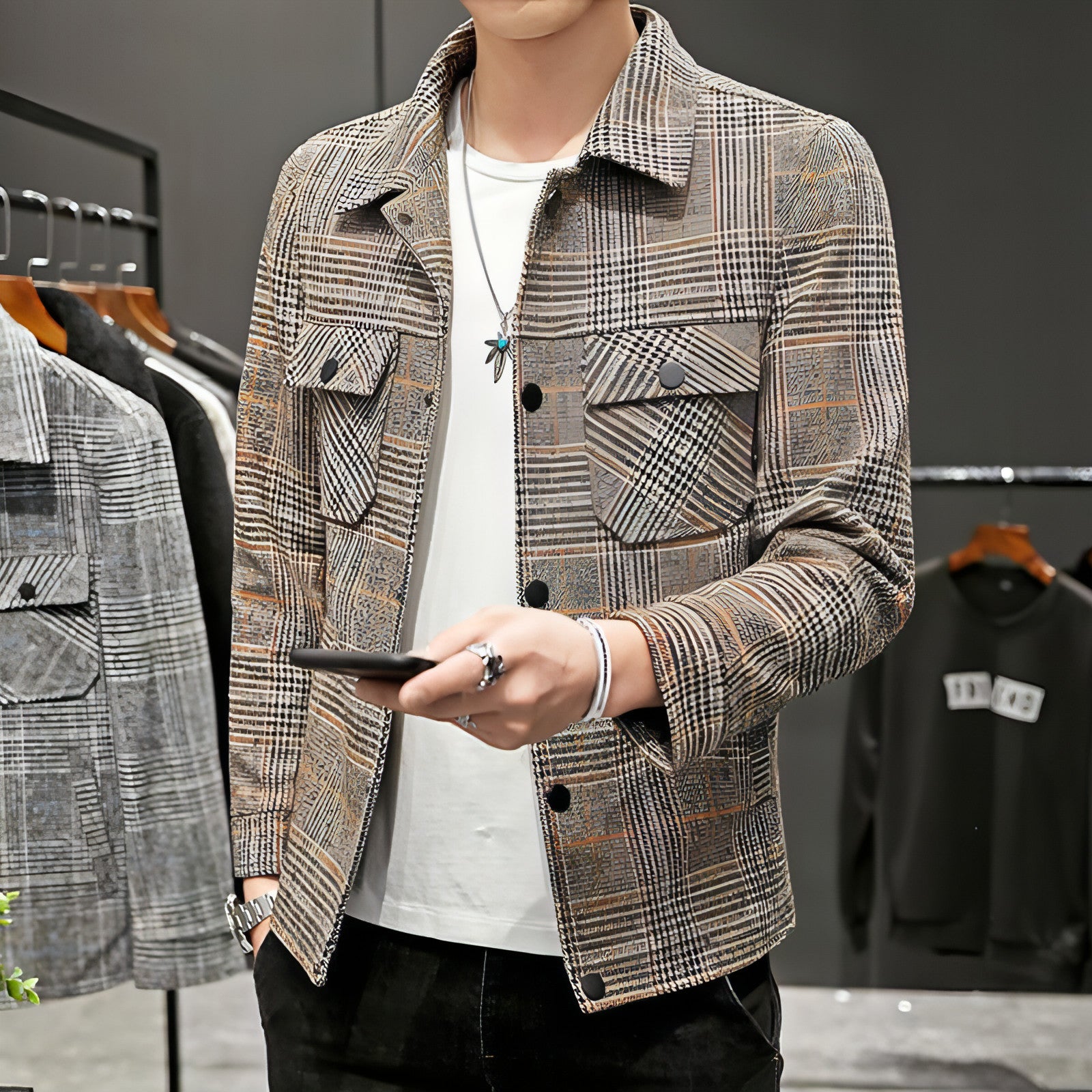 Men's Casual Plaid Jacket Lapel Cropped Coat