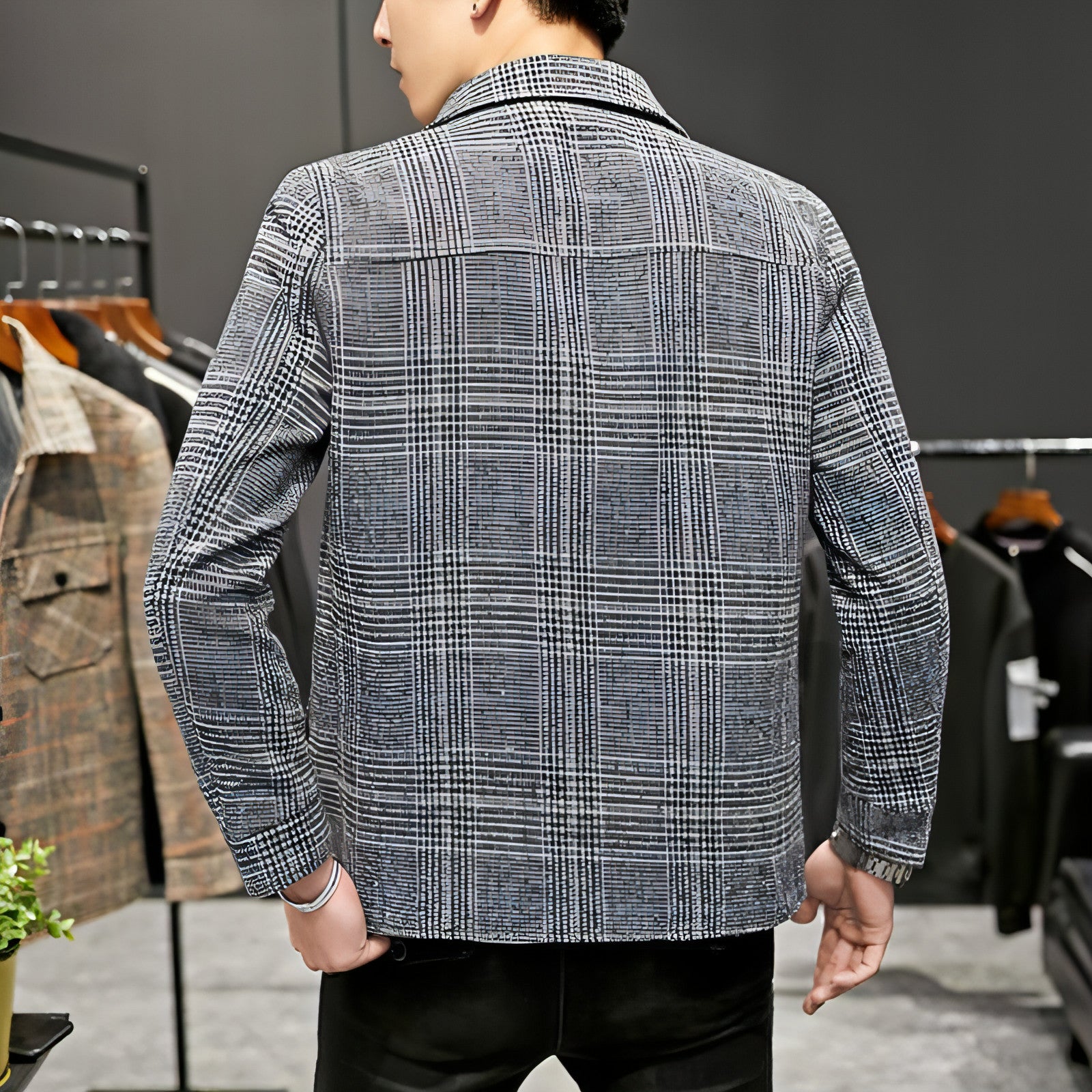Men's Casual Plaid Jacket Lapel Cropped Coat