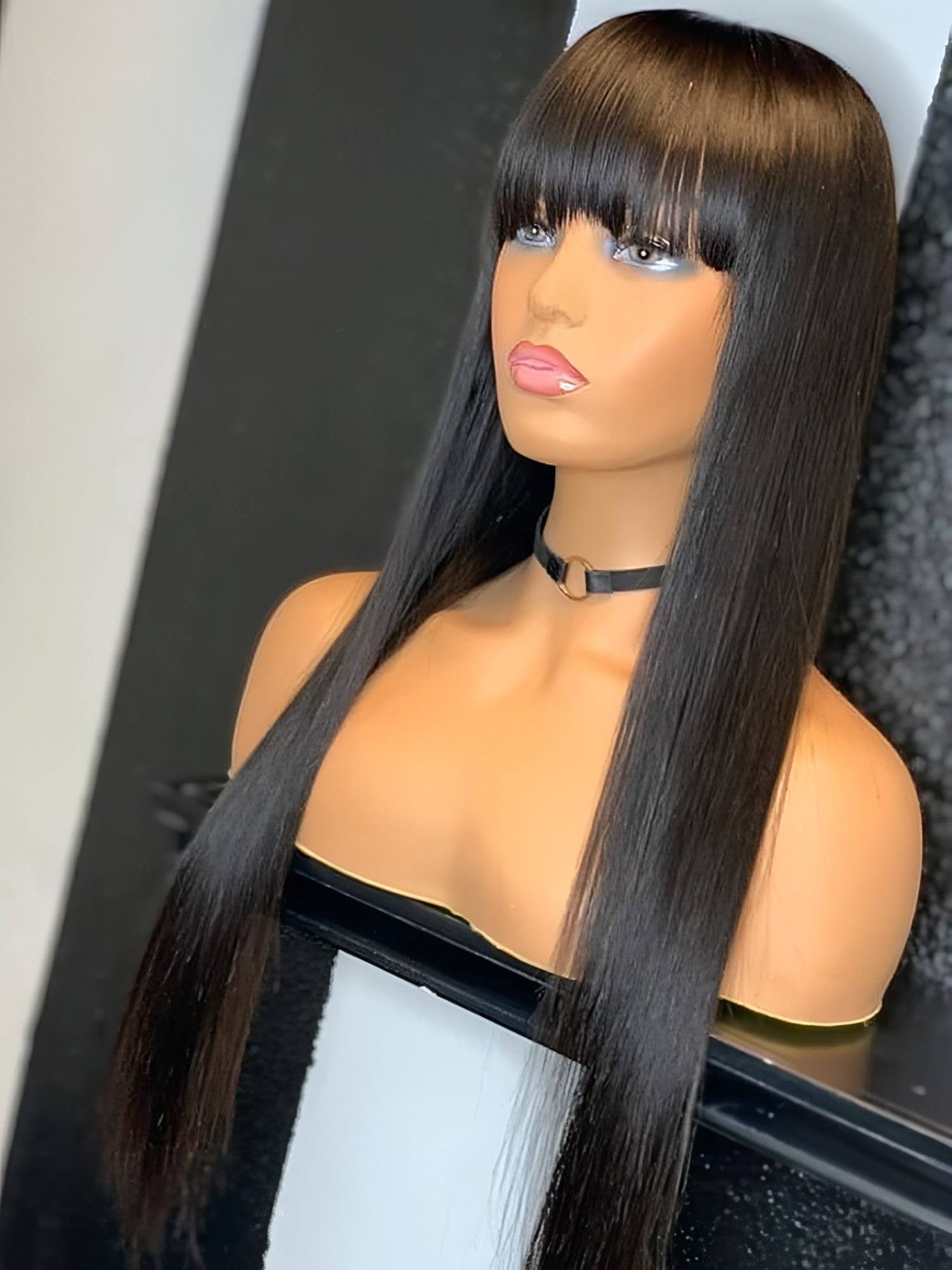 LuxeWaves Brazilian Straight Black 100 Real Hair 30Inch Long Bangs Wig