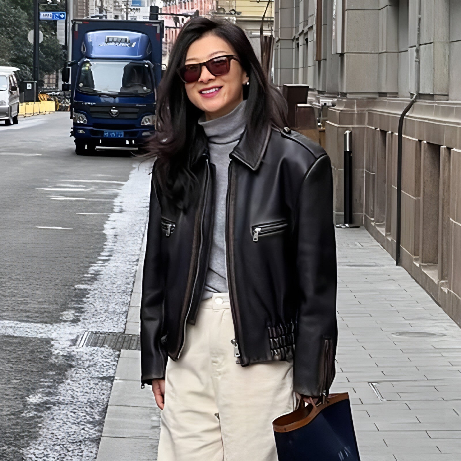 Damen Schaffellmantel Retro Biker Ledermantel