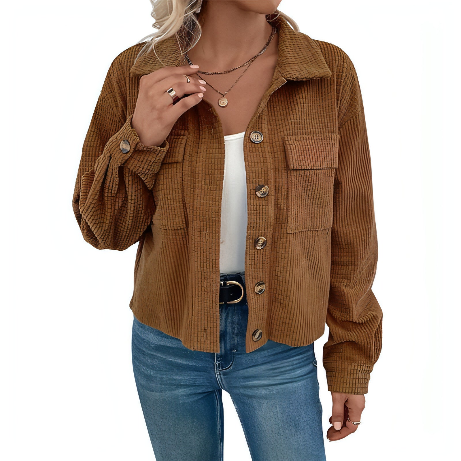 Herbst und Winter Cord Polo Kragen Jacke Vintage braun Tasche Mantel Frauen