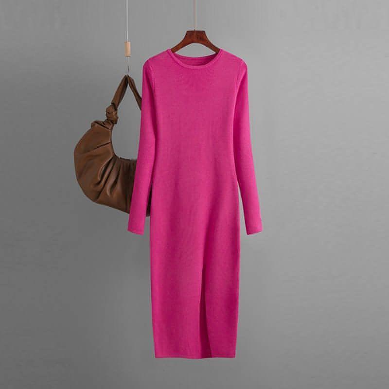 Vestido de cuello redondo sin espalda de punto de manga larga de otoño e invierno