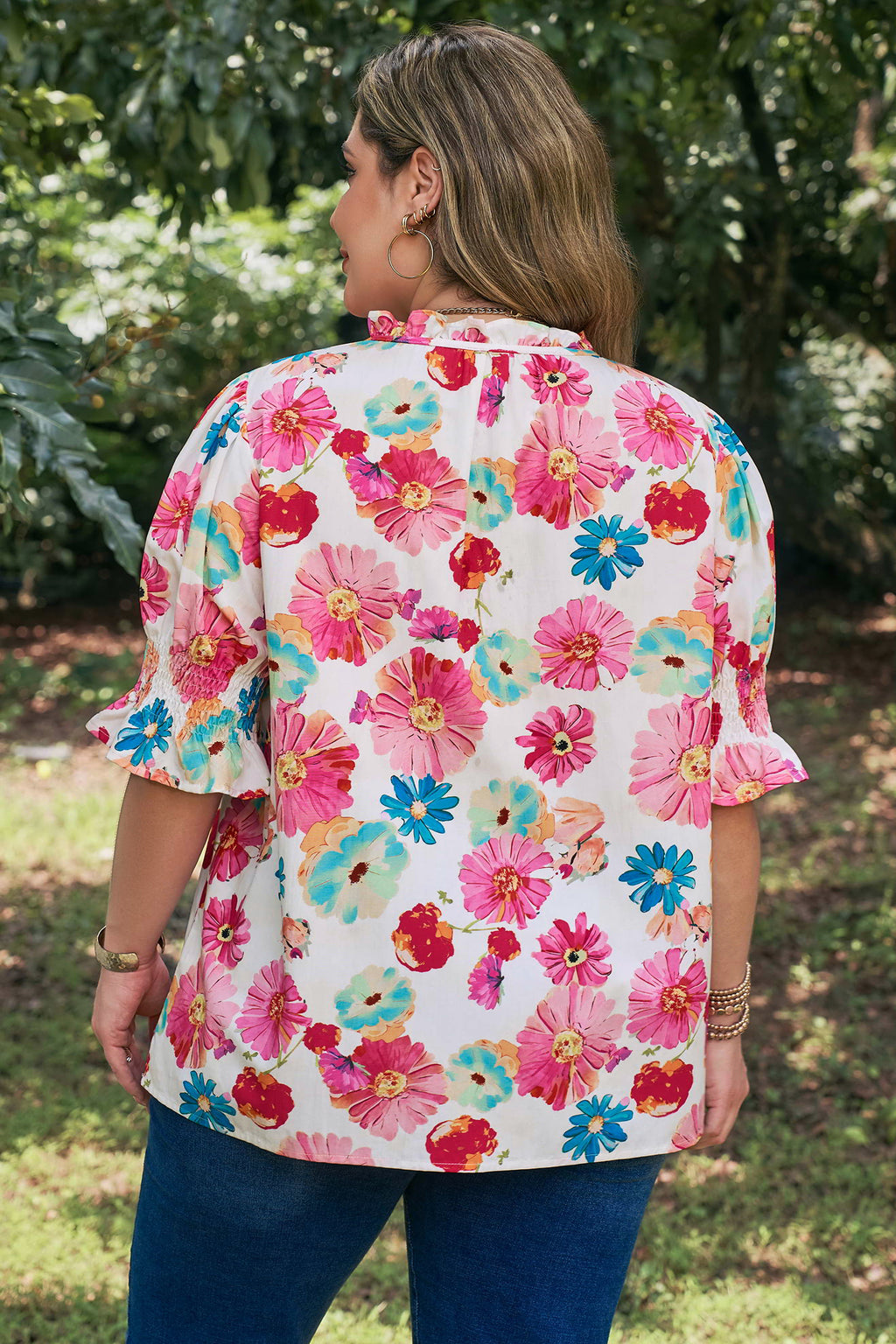 Pink Plus Size Floral Print Ruched Short Sleeve Blouse