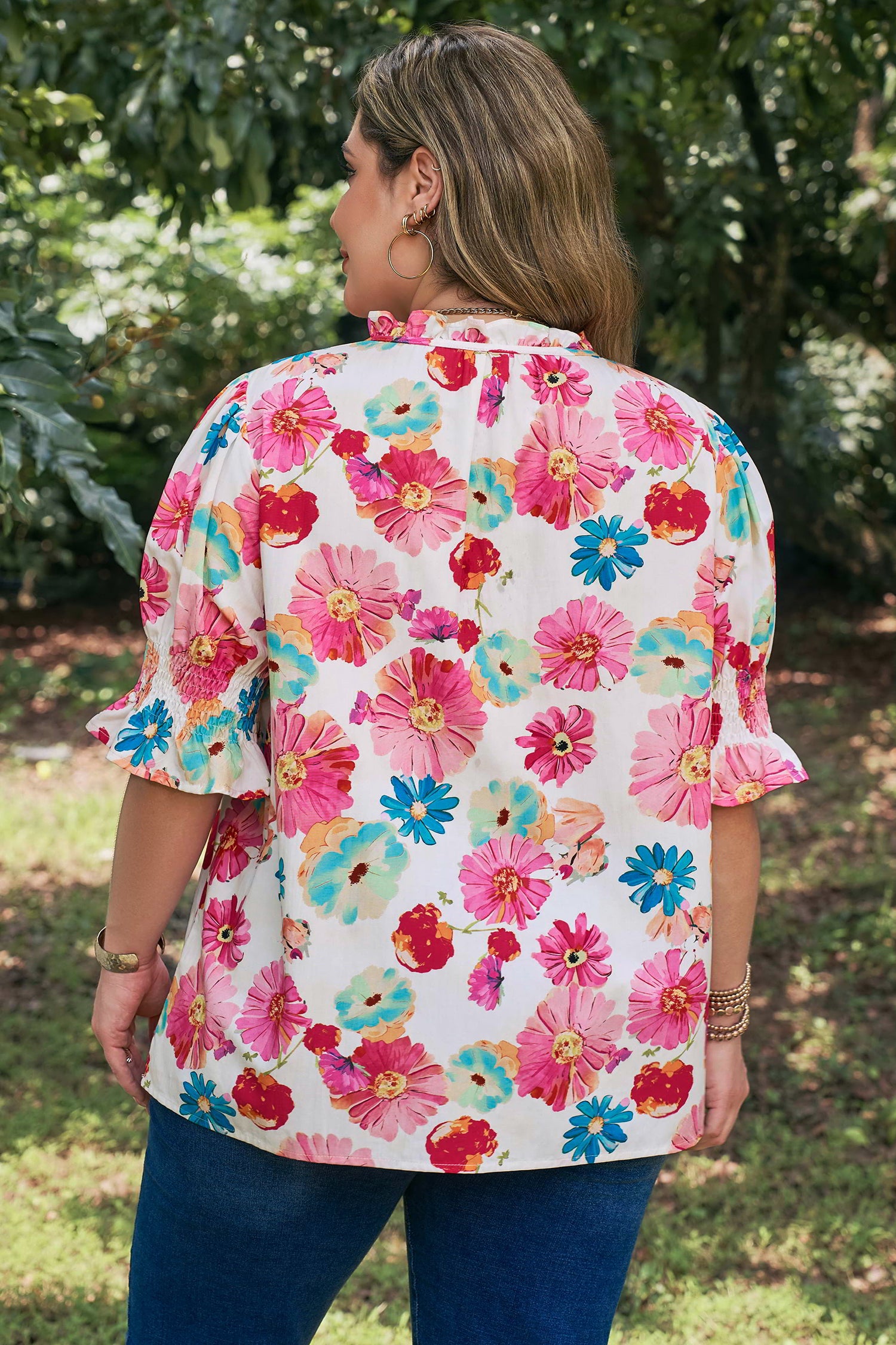 Pink Plus Size Floral Print Ruched Short Sleeve Blouse