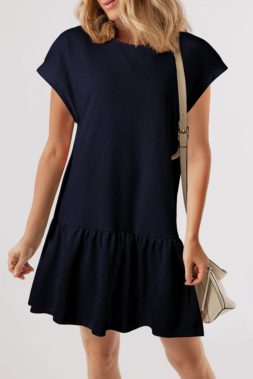 Navy Blue Solid Color Cap Sleeve Ruffle Hem Casual Short Dress