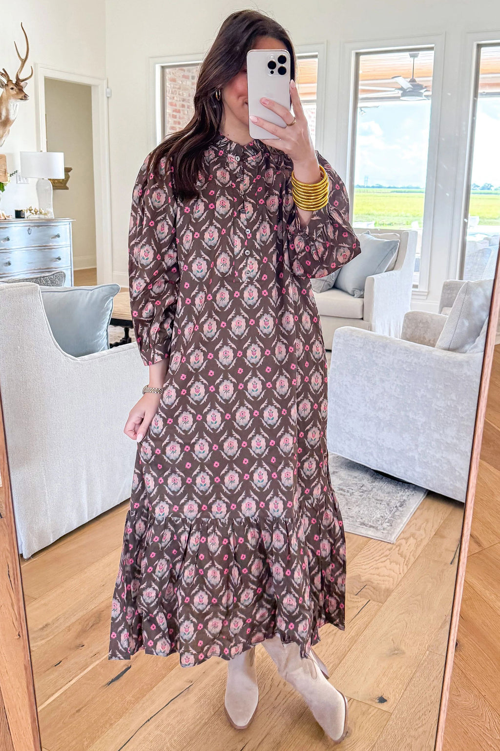 Brown Floral Print Button Front Ruffle Hem Midi Dress