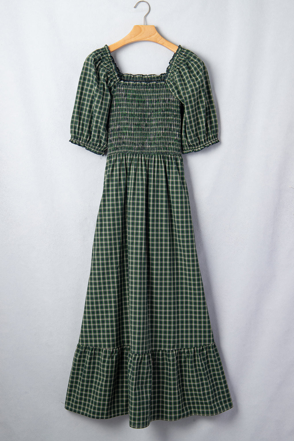 Green Plaid Square Neck Shirred High Waist Ruffle Hem Dress