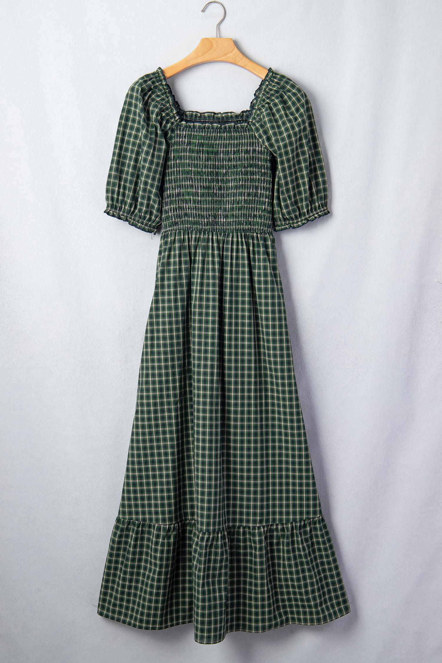 Green Plaid Square Neck Shirred High Waist Ruffle Hem Dress