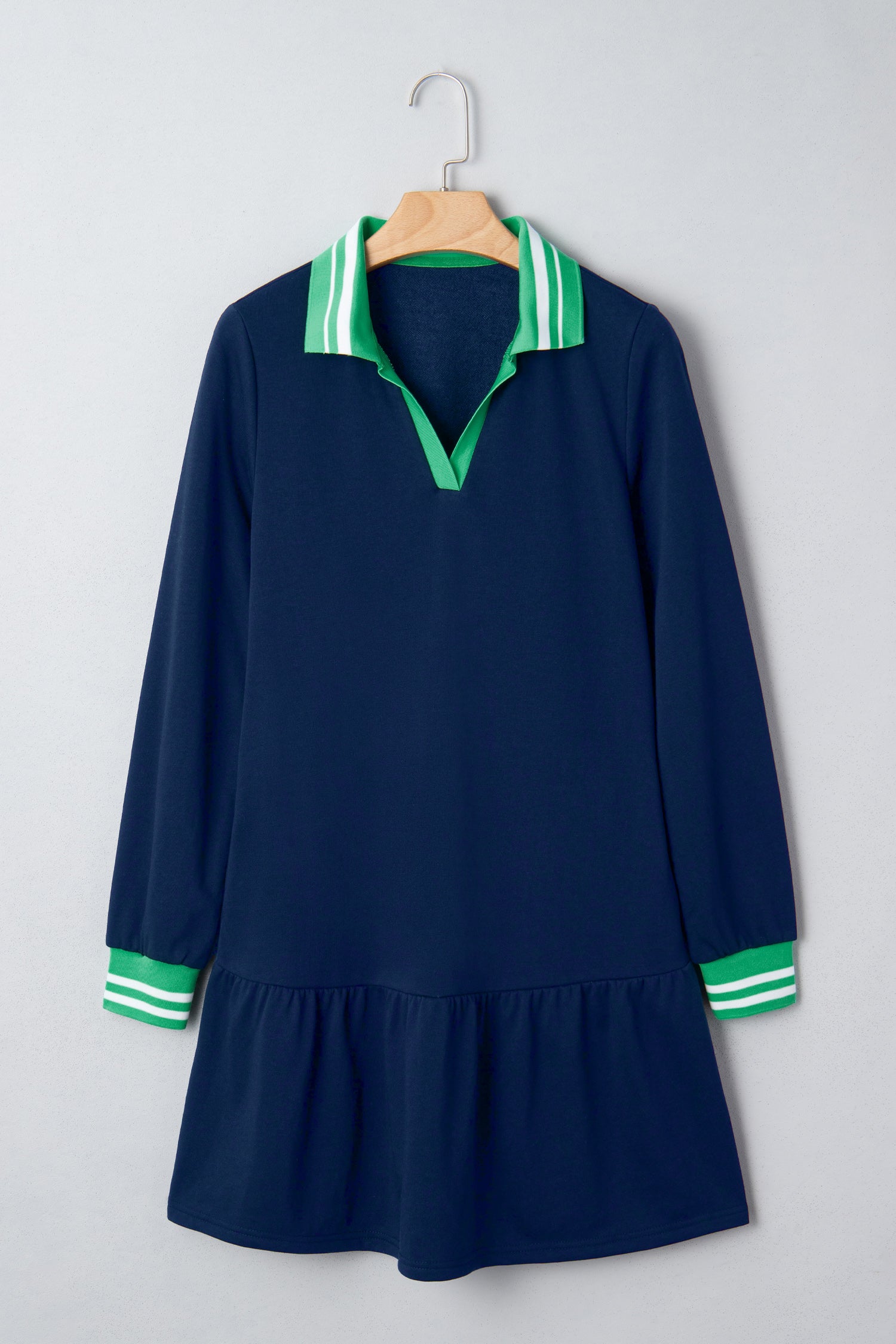 Navy Blue Contrast Striped Cuffs Polo Collar Patchwork Long Sleeve Ruffle Hem Mini Dress
