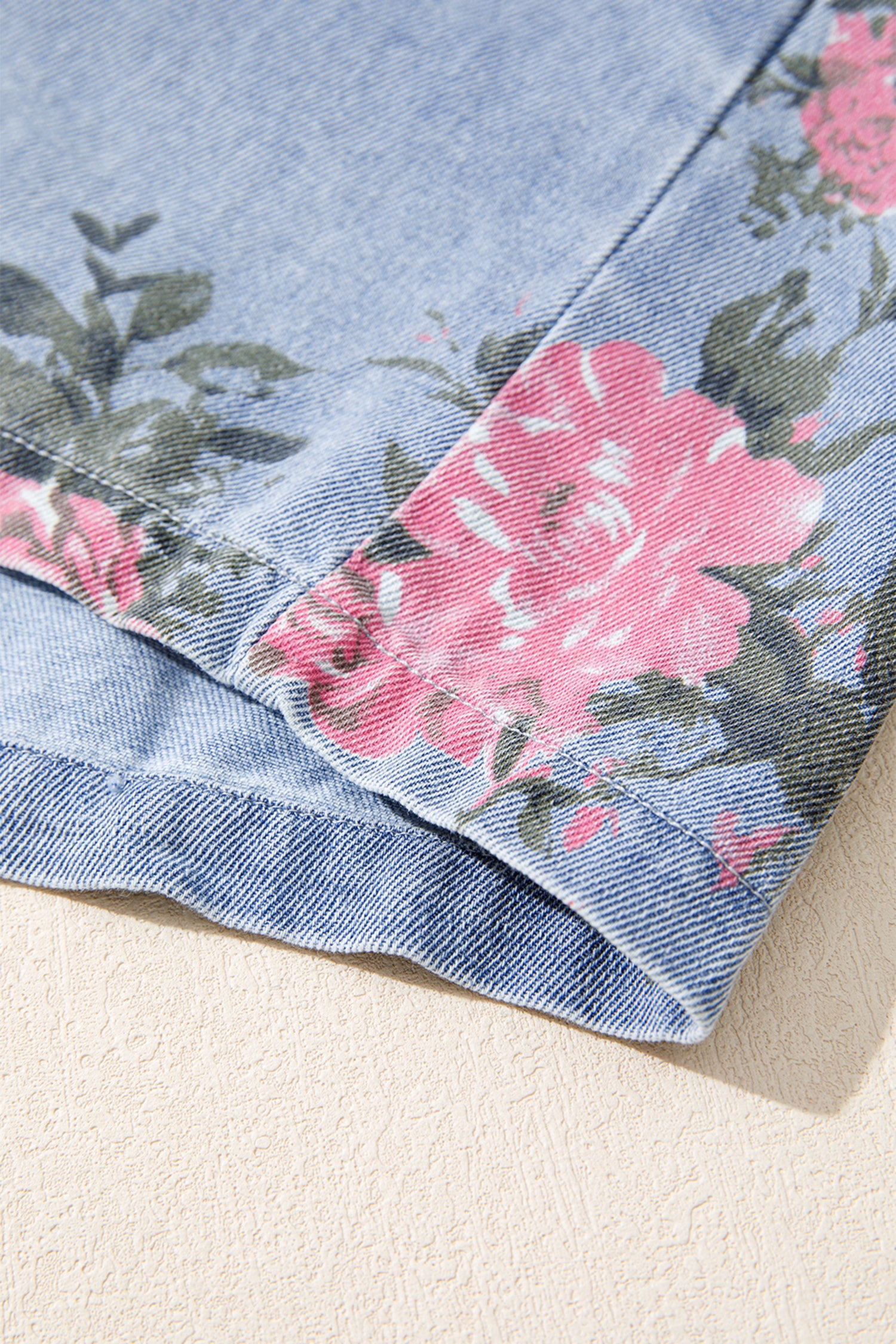 Sky Blue Denim Floral Print Cuffed Short Sleeve Button Down Shift Dress