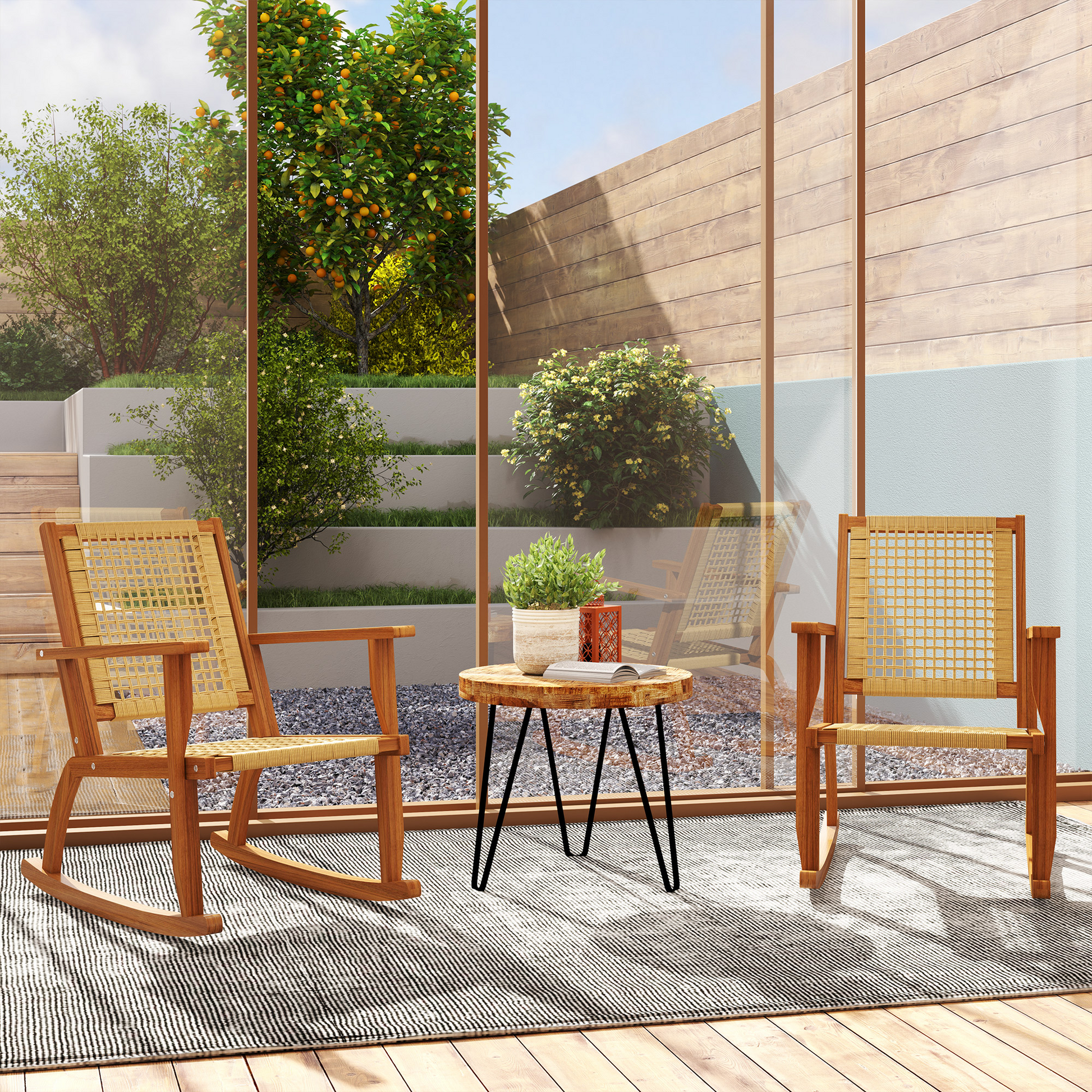 LuneluX_Garden™ Outdoor Acacia Wood Rocking Chair Set – 2-Piece Patio Lounge Chairs