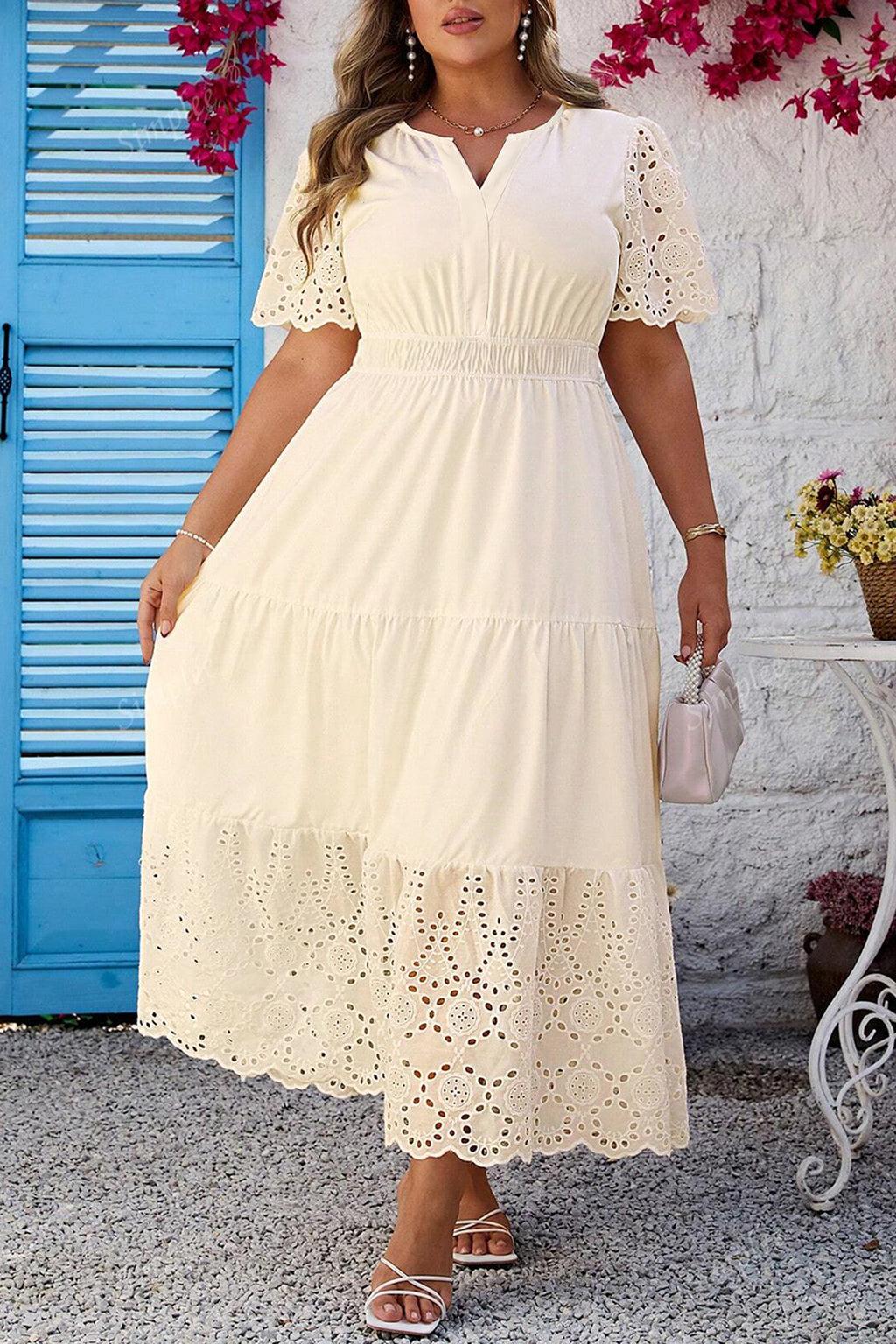 Apricot Plus Size V Neck Lacy Embroidery Patchwork Short Sleeve Maxi Dress