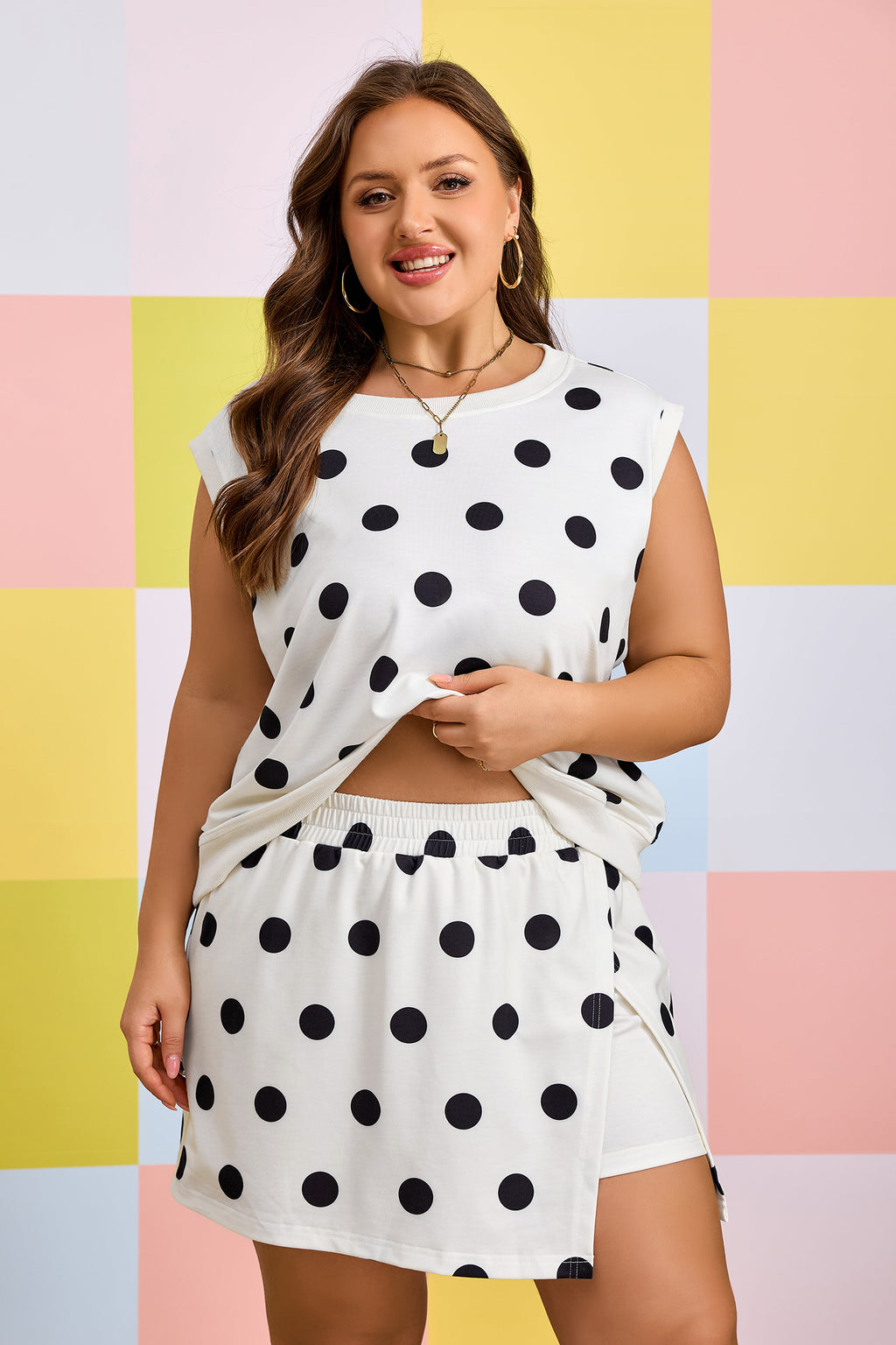 White Plus Size Polka Dot Printed Tank Split Skort 2pcs Outfit