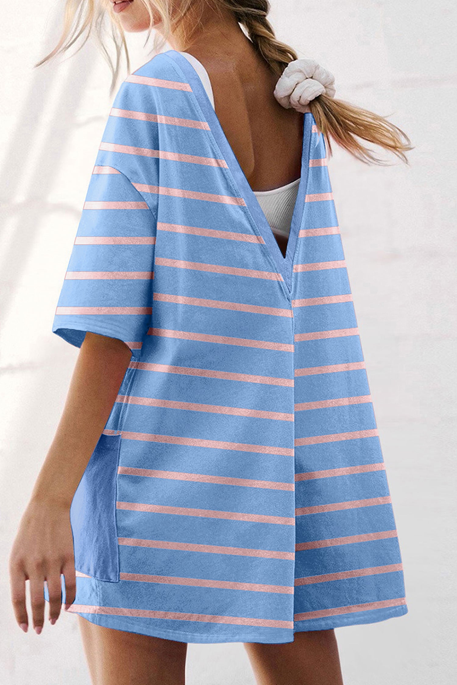 Sky Blue Stripe V Neck Short Sleeve Double Wear Loose Romper