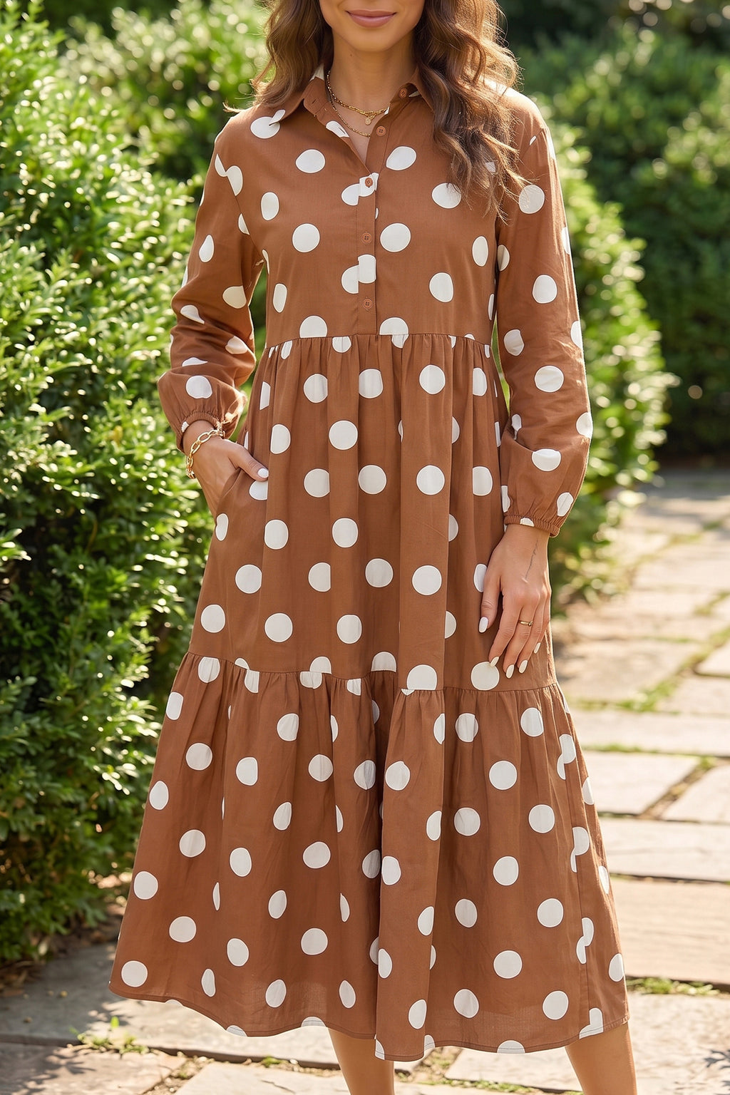 Brown Polka Dot Button Front Long Sleeve Shift Dress