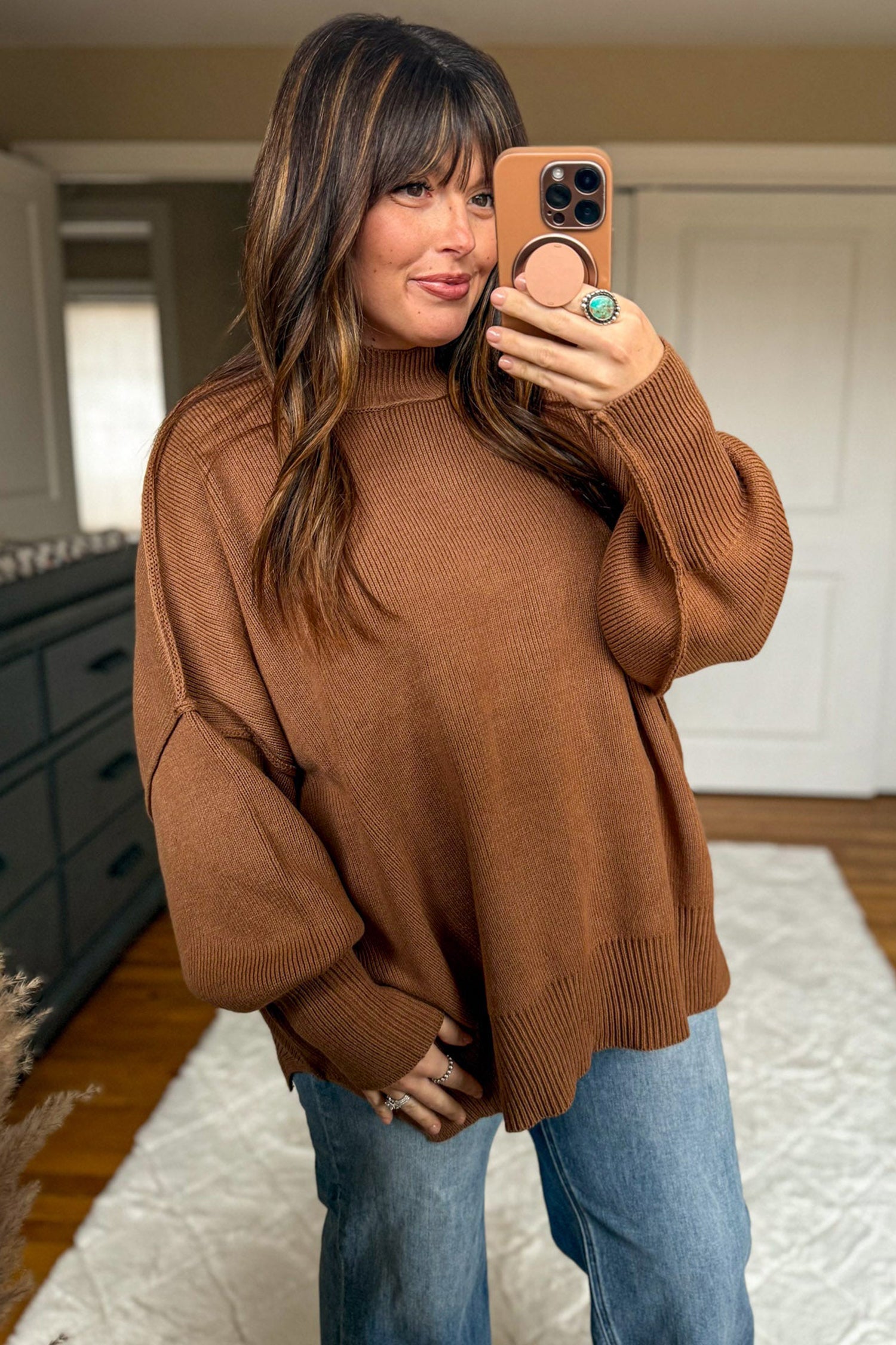 Chestnut Oversized Ribbed Knit Long Sleeve Tunic Plus Size Sweater