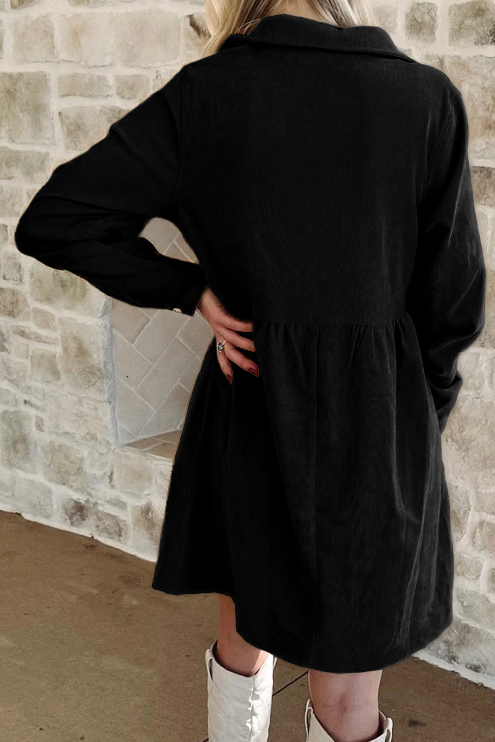 Dearlovers Oatmeal Corduroy Half Button Collared Long Sleeve Mini Dress