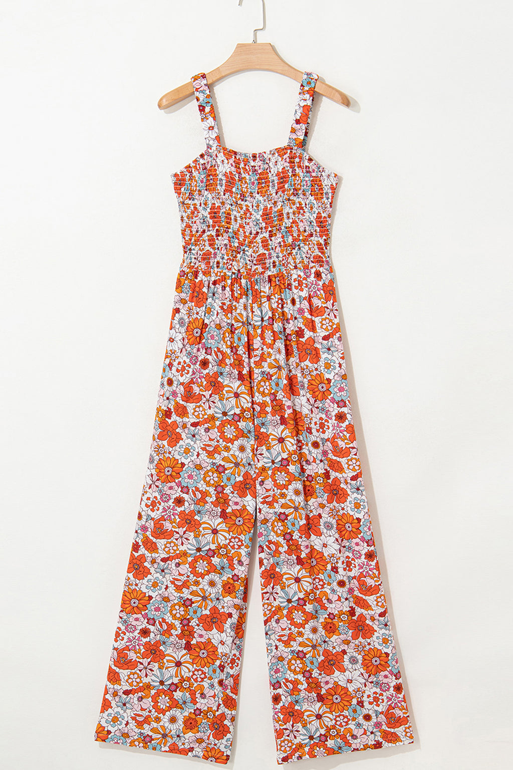 Orange Floral Print Sleeveless Smocked Shift Jumpsuit