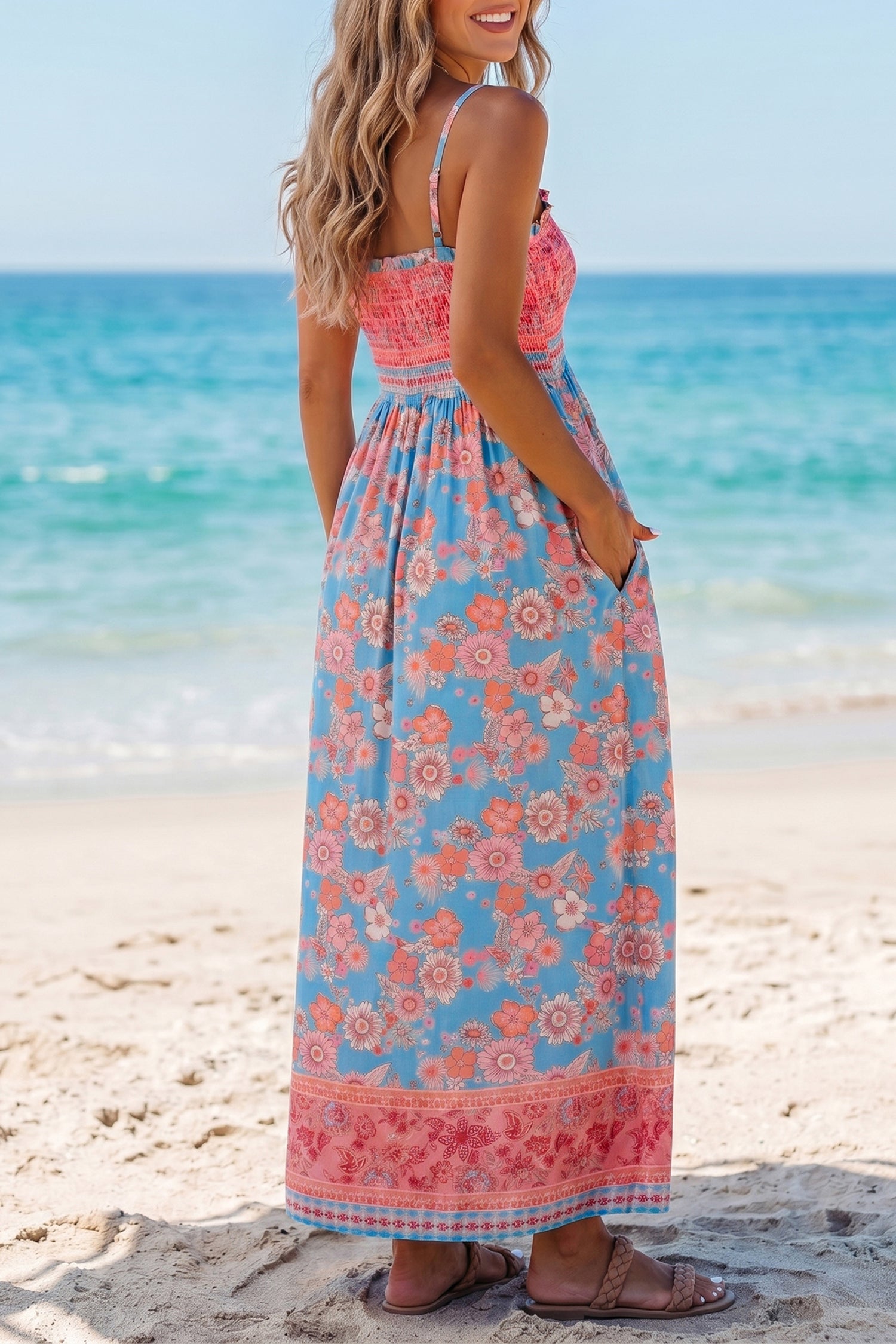 Sky Blue Bohemian Ethnic Print Spaghetti Straps Vacation Maxi Dress