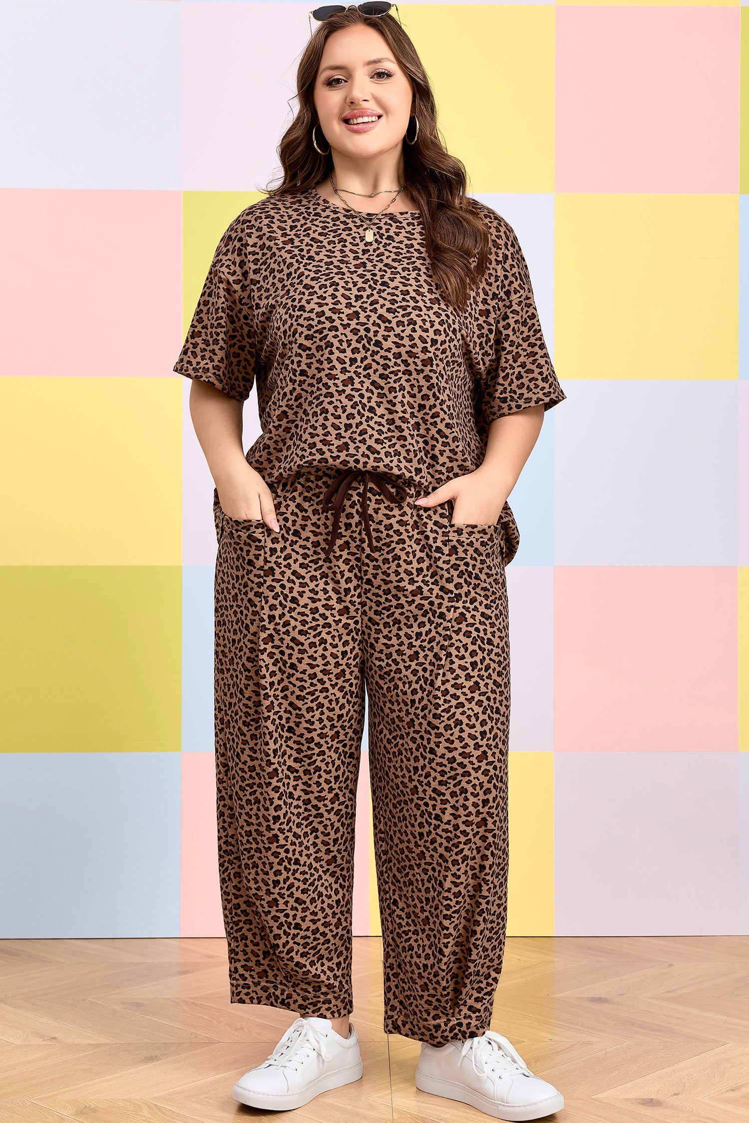 Brown Plus Size Leopard Loose Top Pleated Pants Set