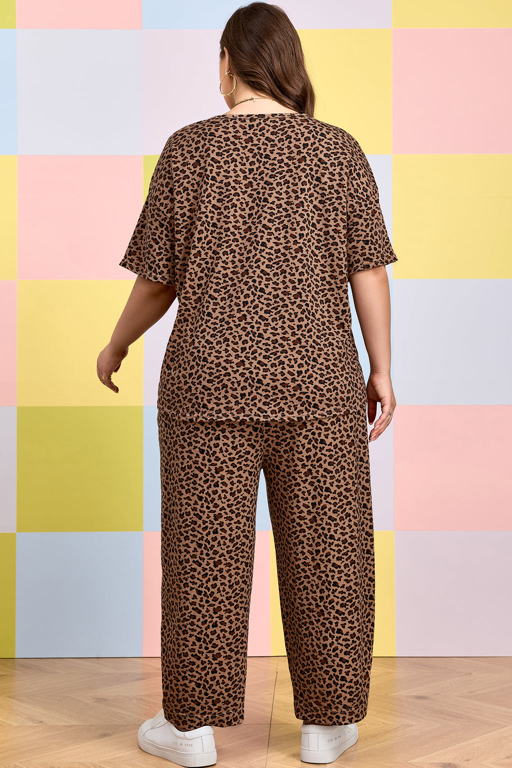 Brown Plus Size Leopard Loose Top Pleated Pants Set