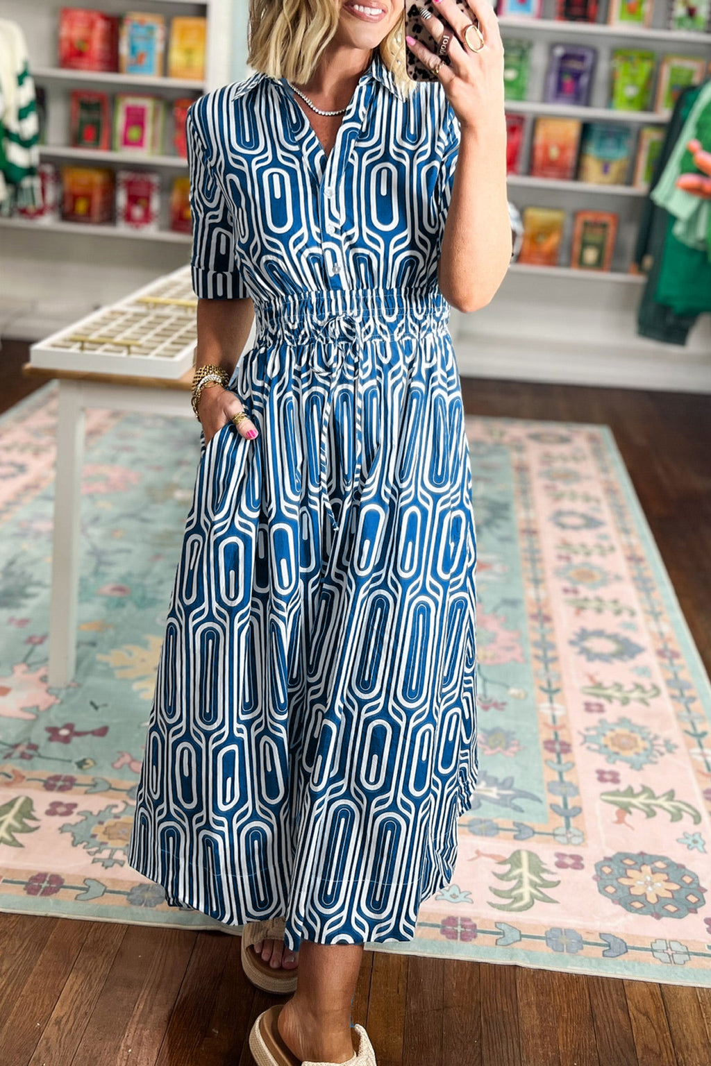 Blue Geometric Print Short Sleeve Drawstring Shirt Collar Dress