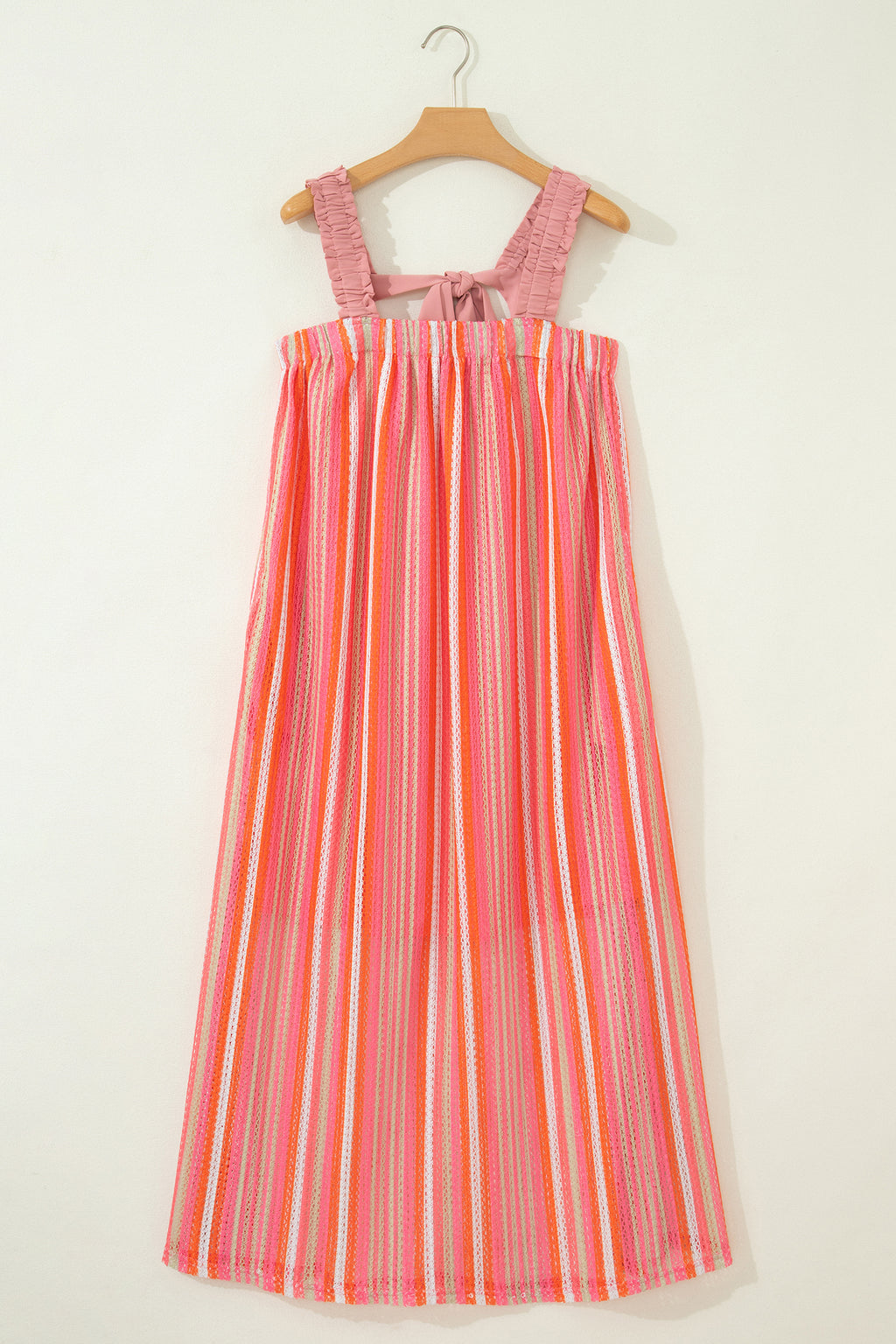 Pink Stripe Ruffled Straps Ribbon Knot Flowy Vacation Maxi Dress