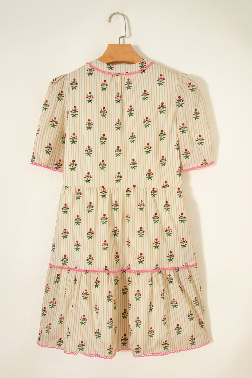 Apricot Striped Floral Print Contrast Detail Ruffle Hem Short Dress