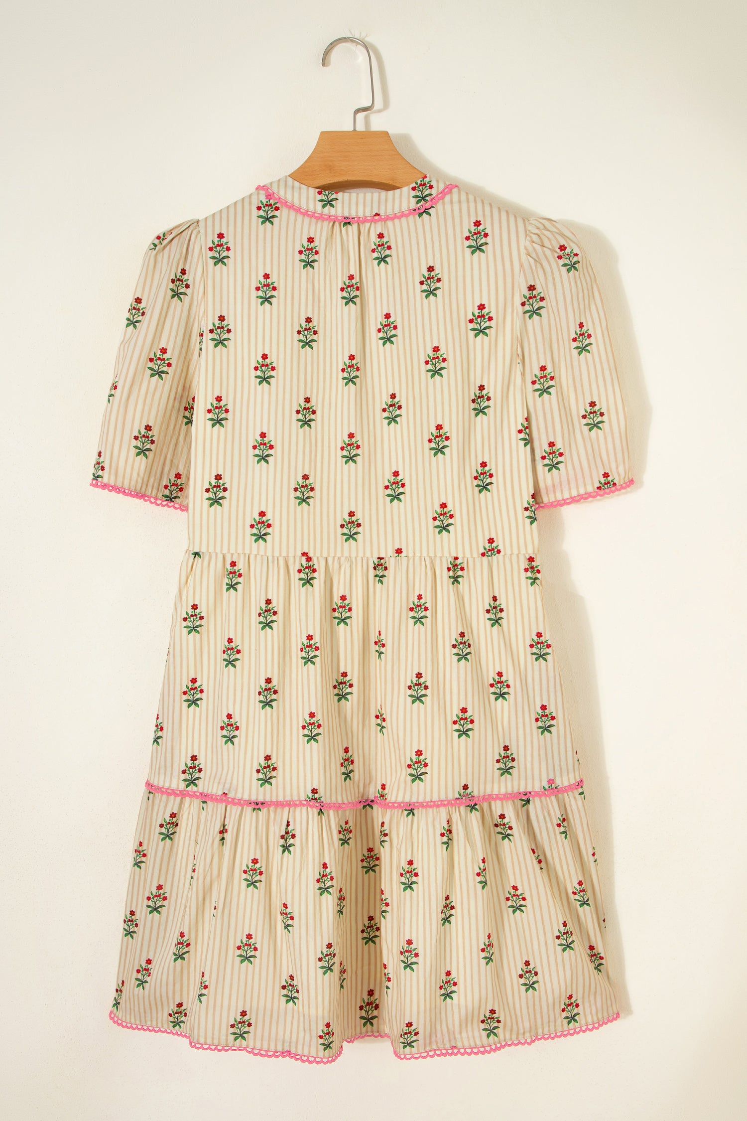 Apricot Striped Floral Print Contrast Detail Ruffle Hem Short Dress