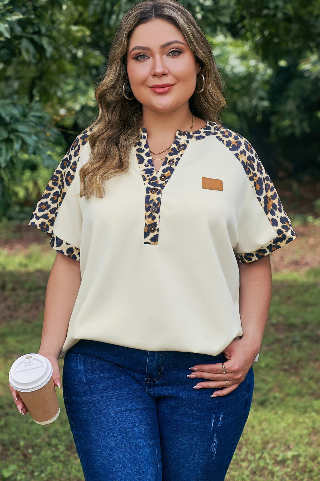 Beige Plus Size Leopard Contrast Patchwork Polo Tee