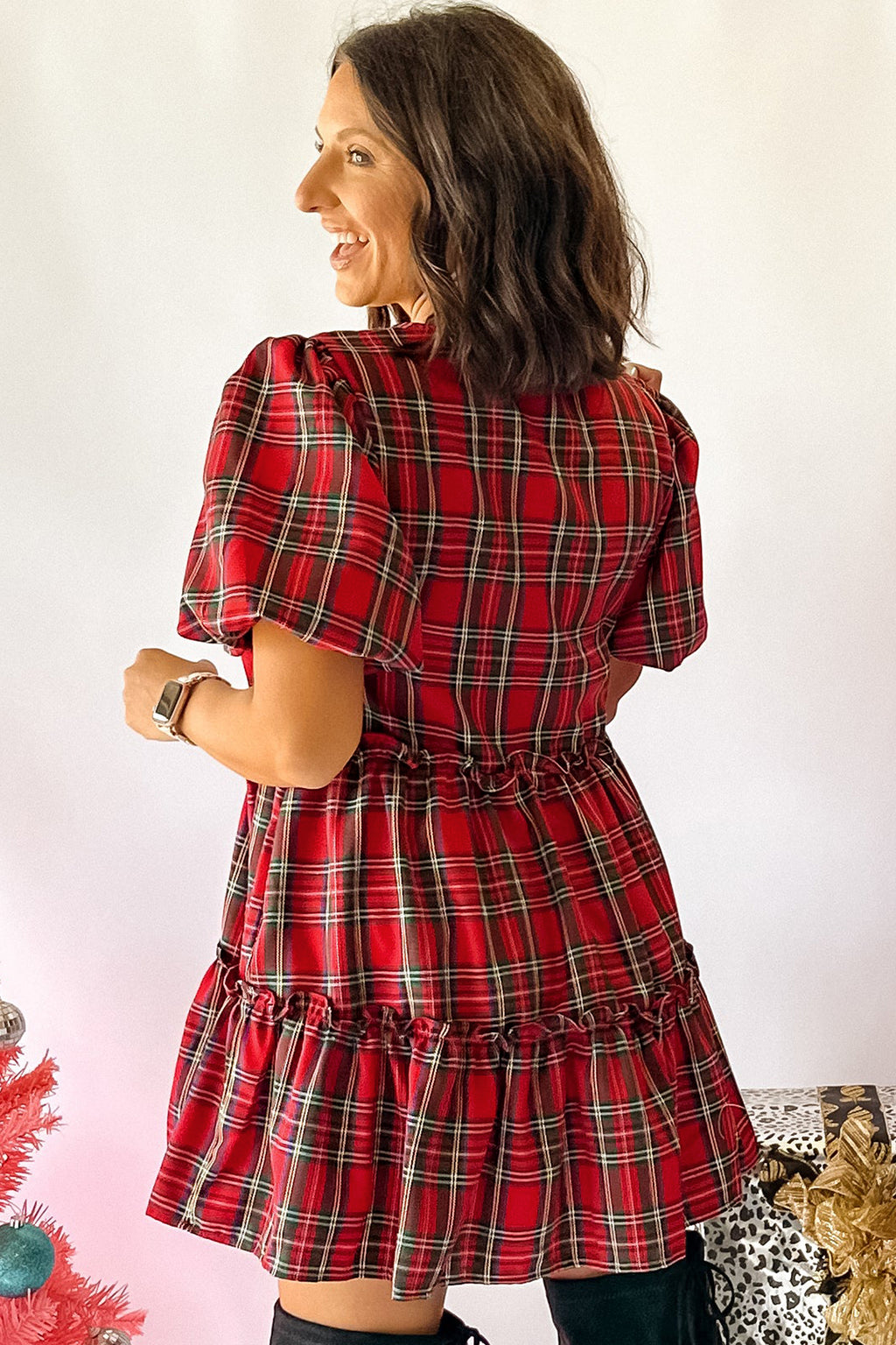 Red Plaid Knot Neck Short Sleeve Mini Shift Dress
