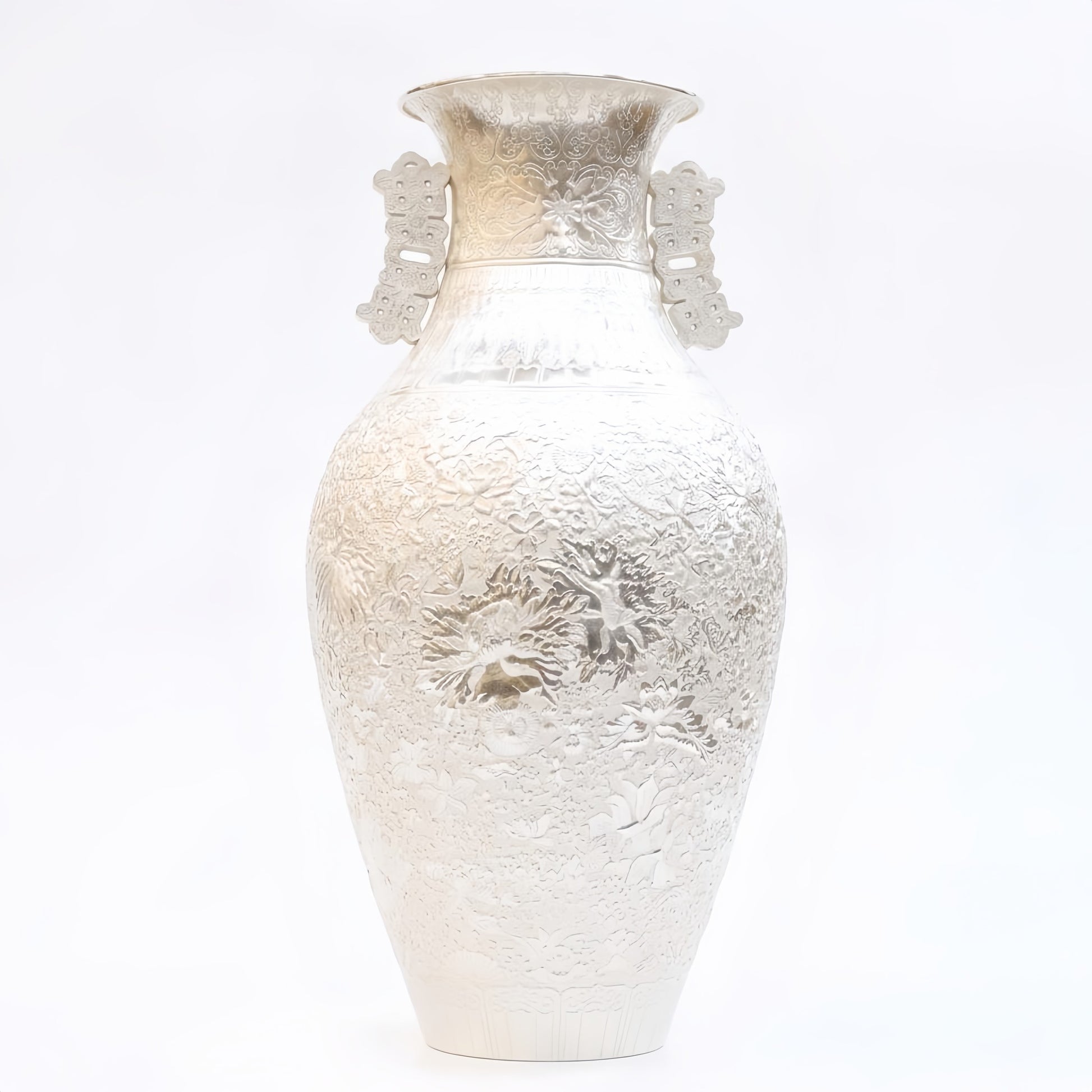 925 Sterling Silver & White Porcelain Dragon Handle Vase with Floral Motifs