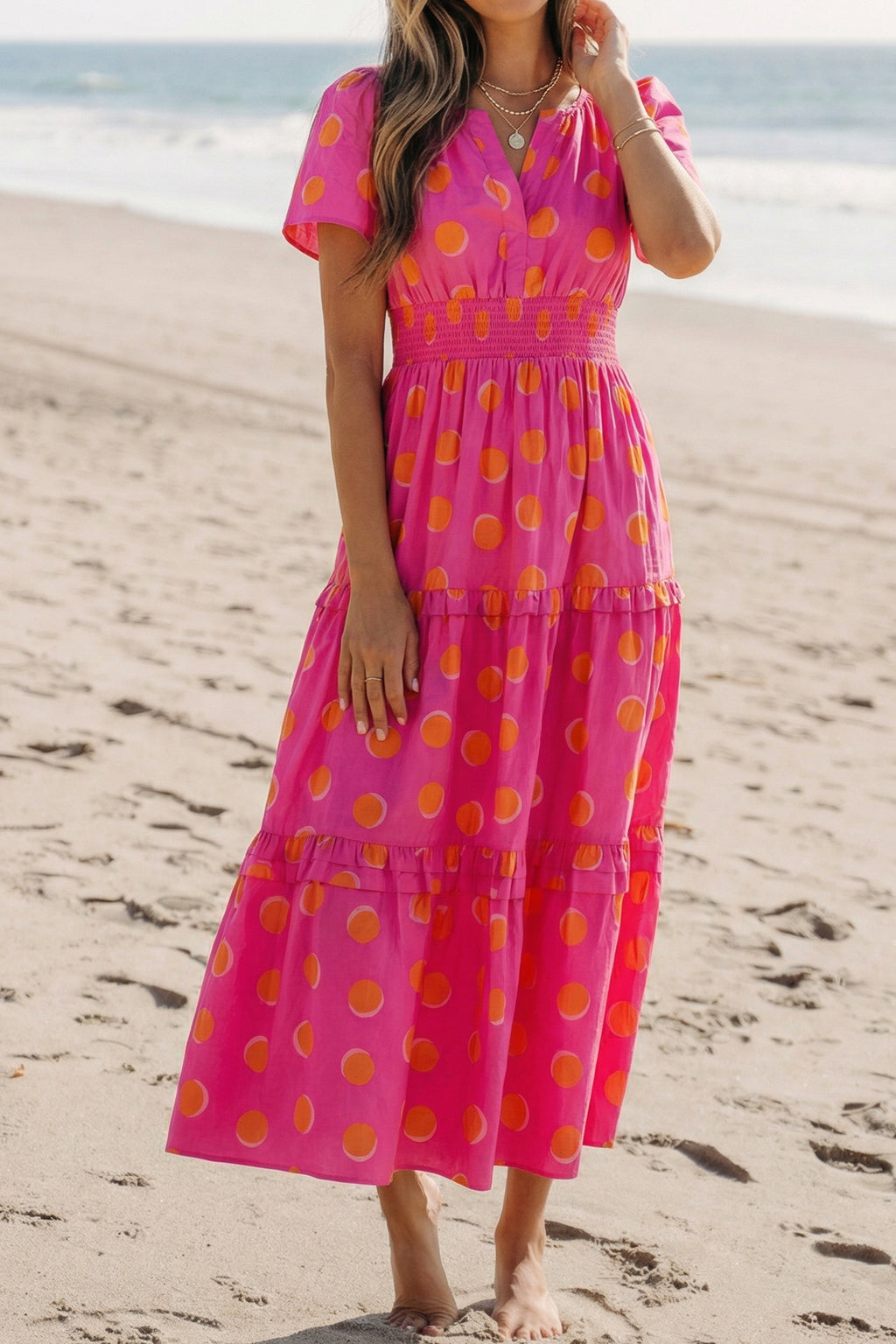 Rose Double Polka Dot Short Sleeve Shirred High Waist Midi Dress