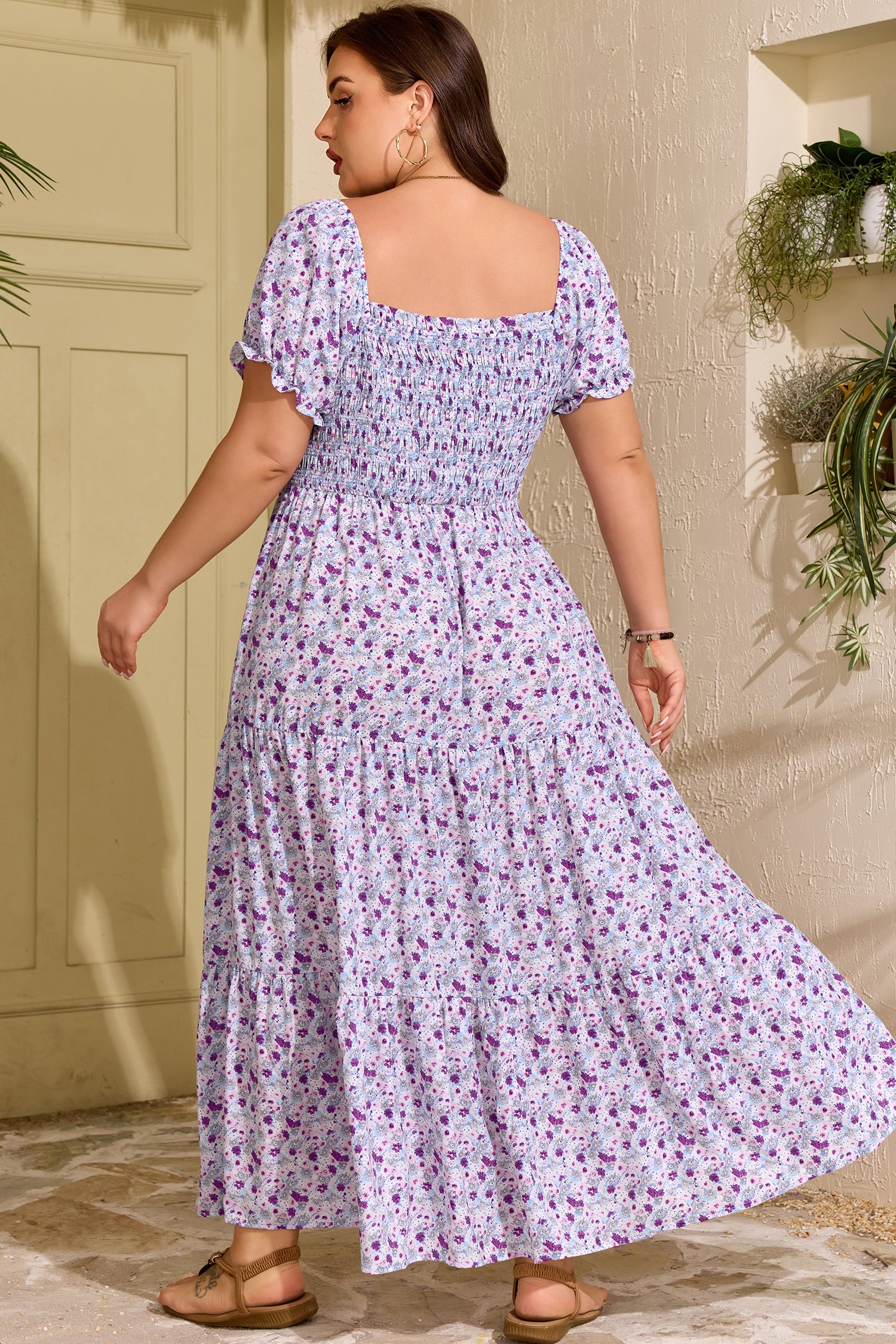 Purple Plus Size Floral Print Square Neck Smocked Maxi Dress