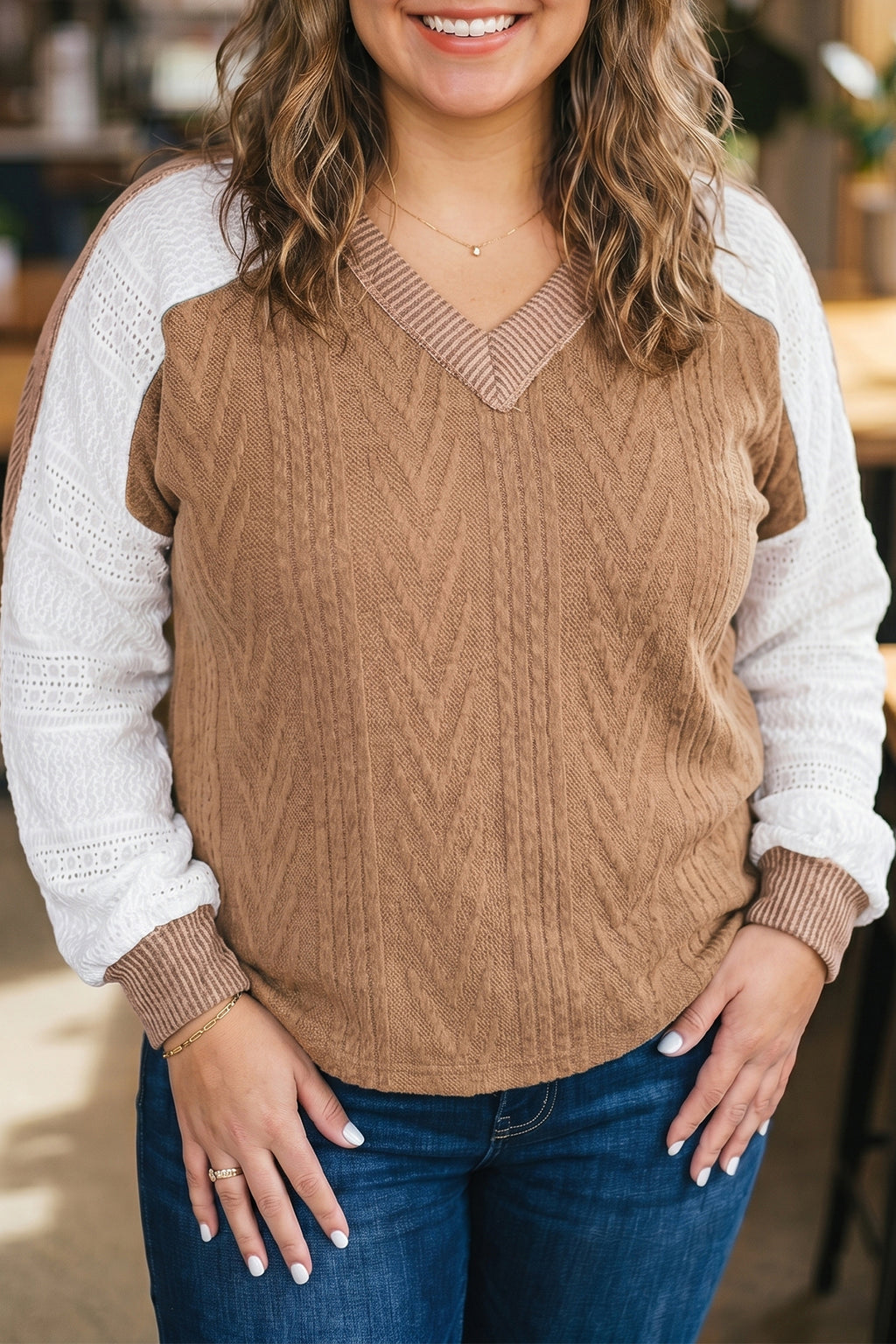 Coffee V Neck Lace Sleeve Patchwork Plus Size Blouse