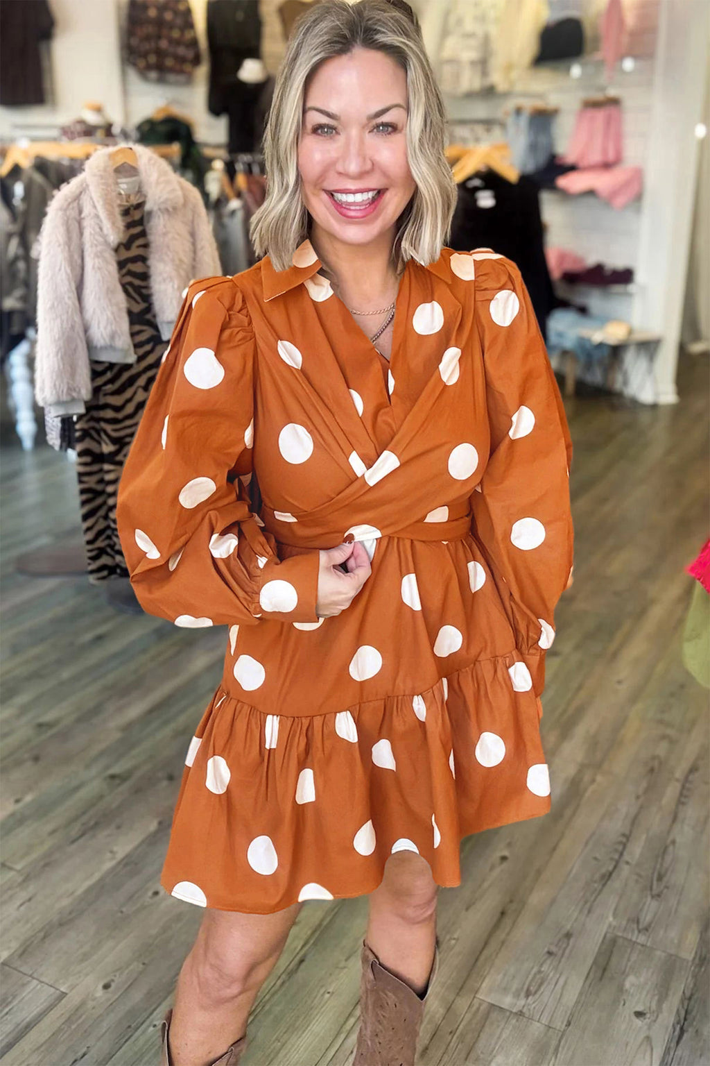 Brown Polka Dot Long Sleeve Tie Waist Casual Shift Mini Dress