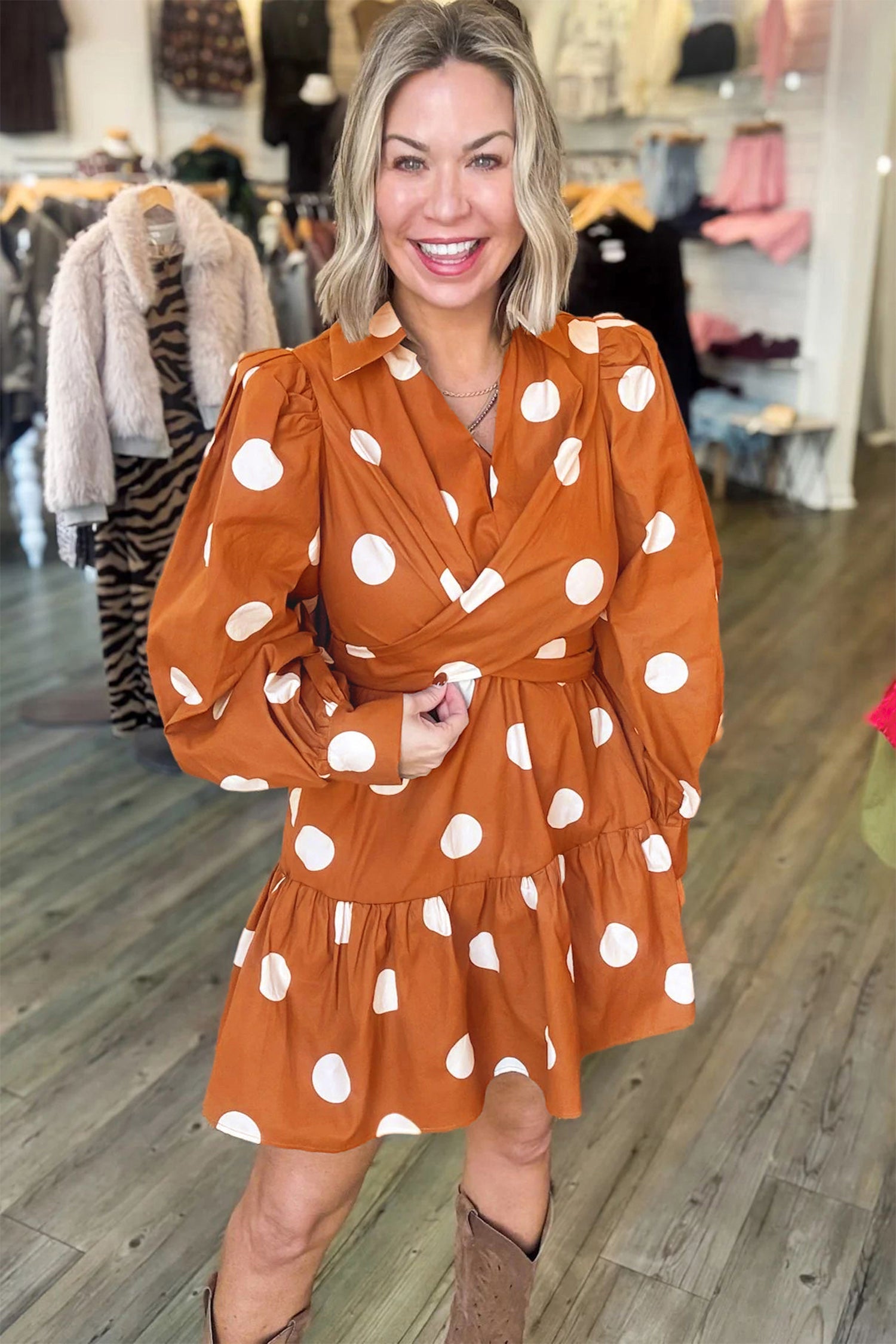 Brown Polka Dot Long Sleeve Tie Waist Casual Shift Mini Dress