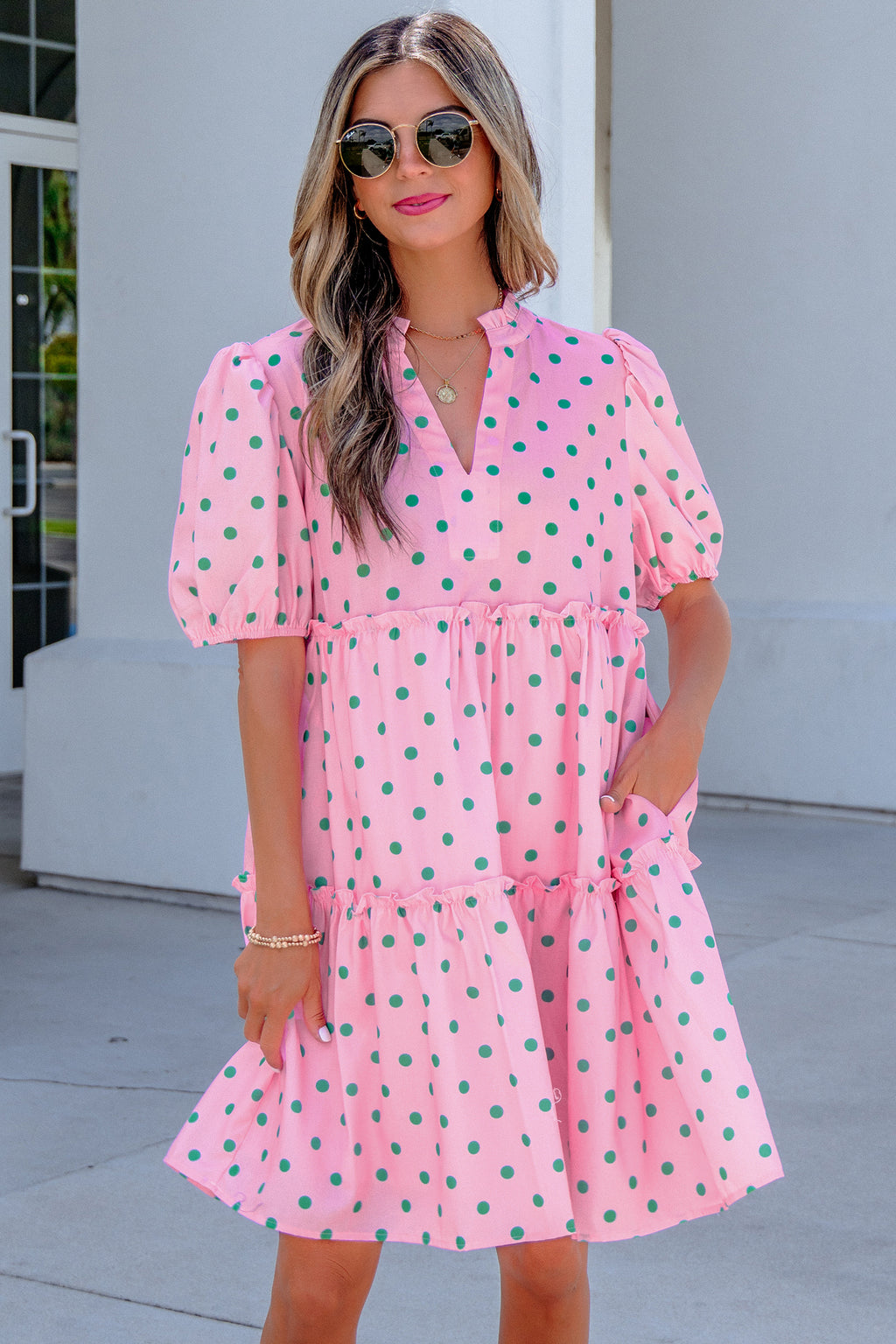 Pink Polka Dot Print V Neck Short Sleeve Tiered Mini Dress
