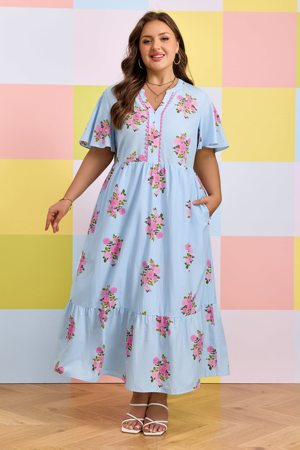 Sky Blue Plus Size Floral Print Scalloped Trim V-Neck Dress