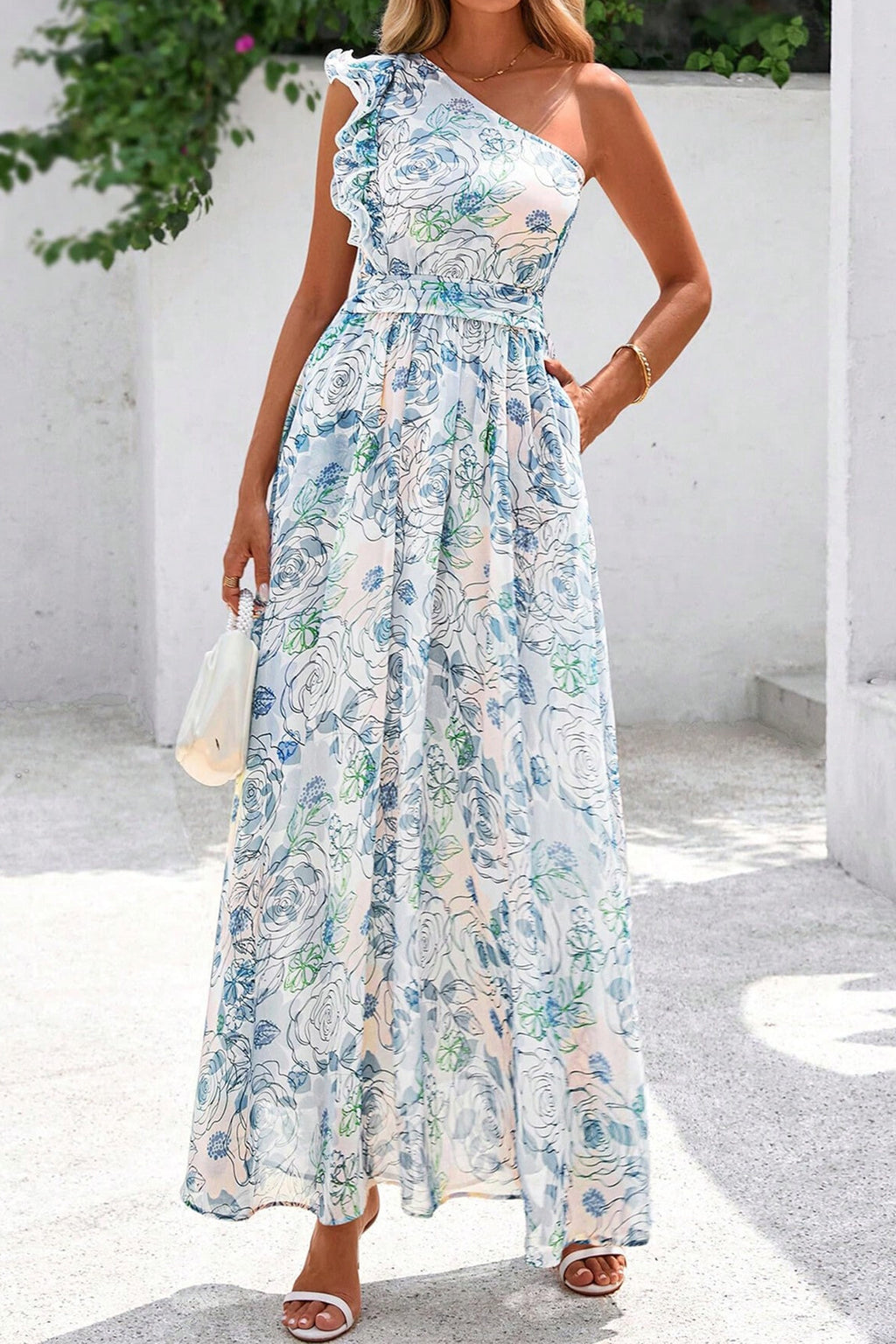 Sky Blue Floral Print Ruffled One Shoulder Vacation Maxi Dress