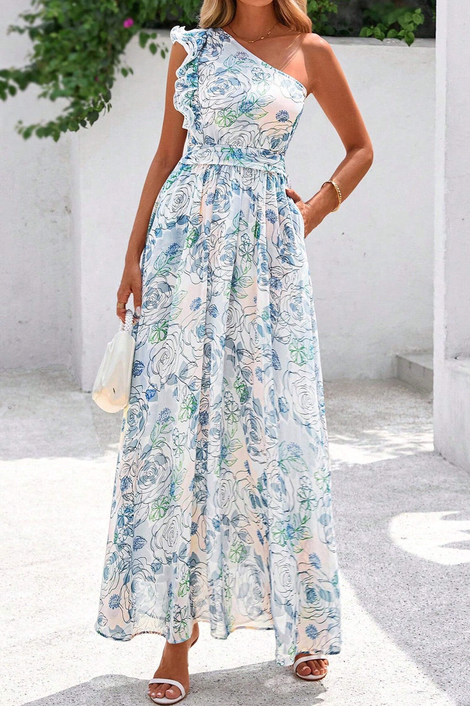 Sky Blue Floral Print Ruffled One Shoulder Vacation Maxi Dress