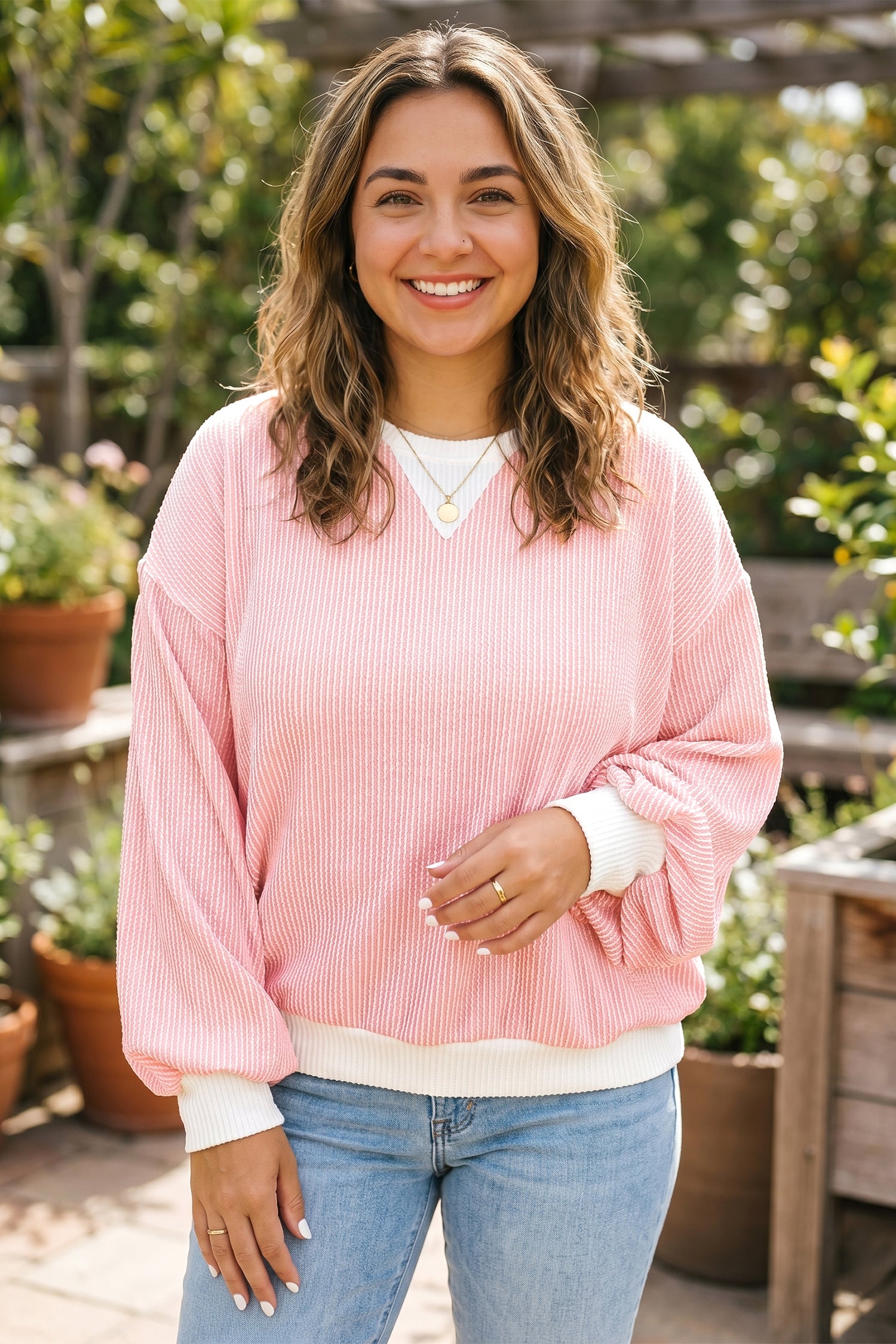 Pink Ribbed Knit Colorblock Long Sleeve Round Neck Plus Size Blouse