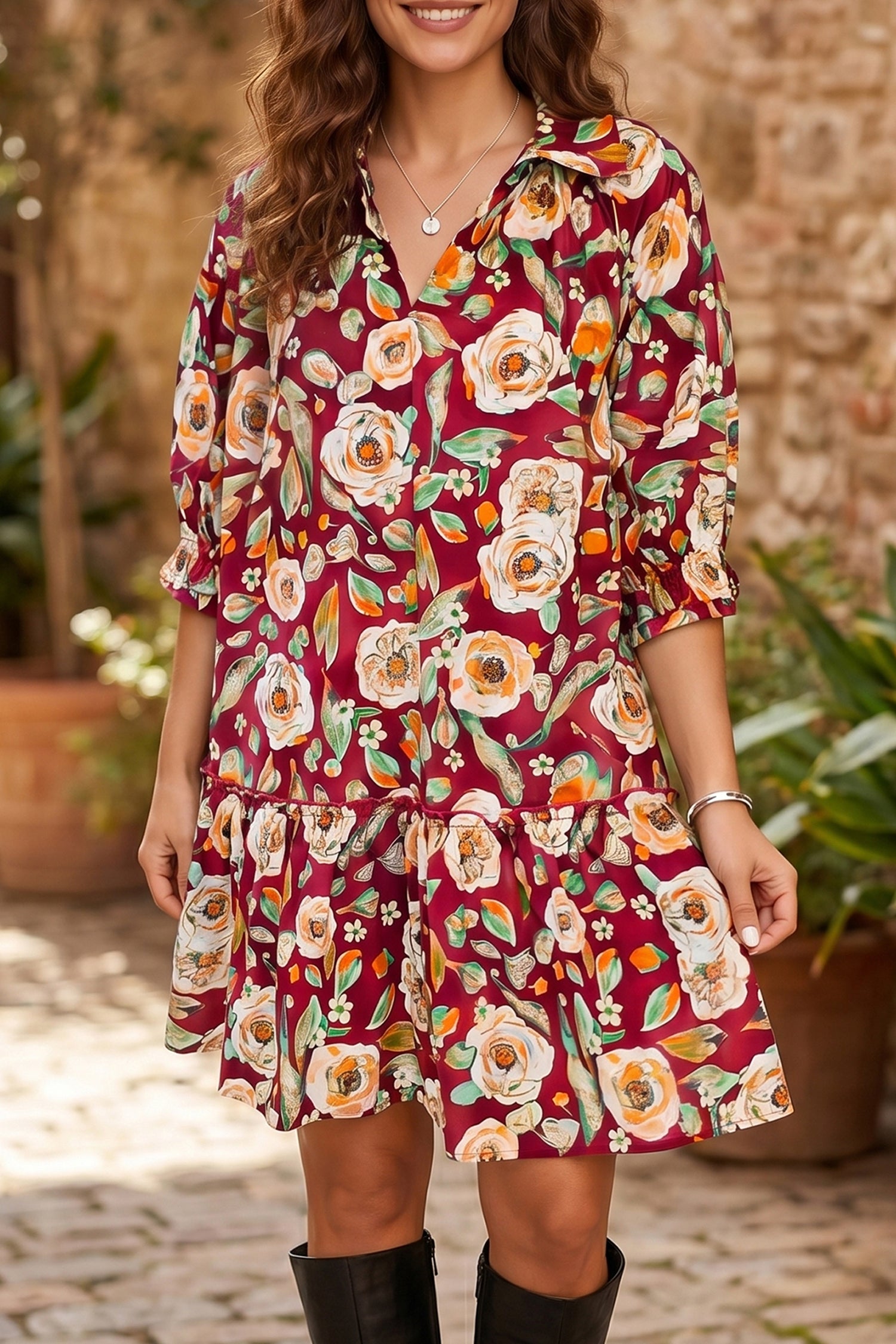 Red Floral Print Half Sleeve Short Shift Dress