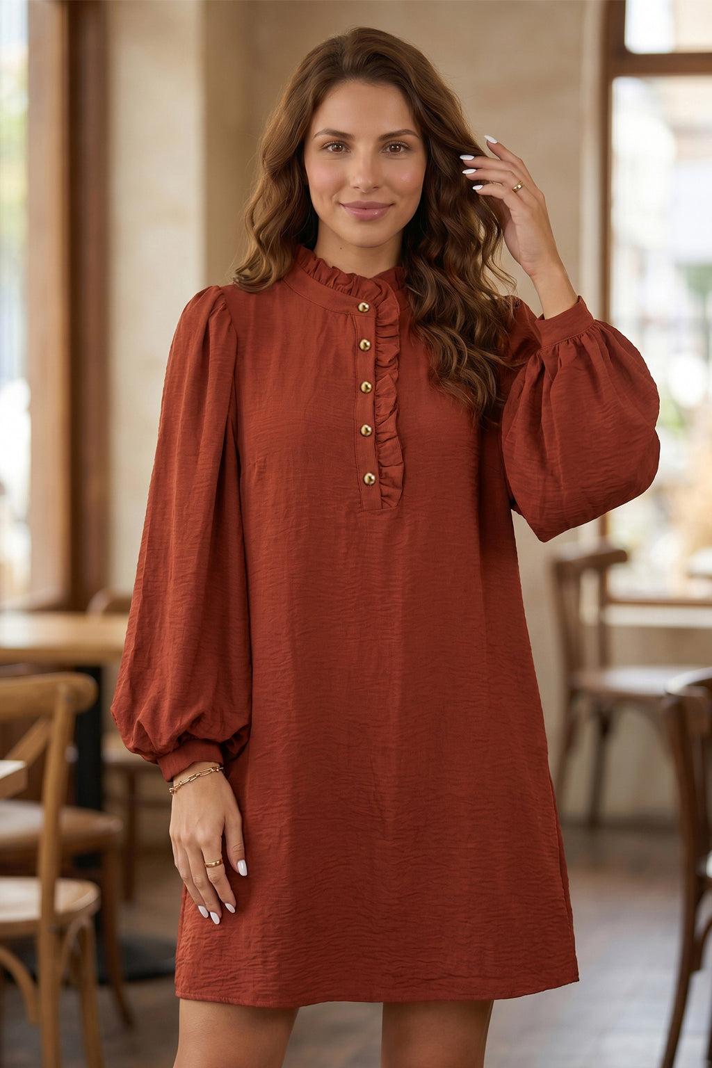 Coffee Solid Shift Long Sleeve Short Length One Piece Dress