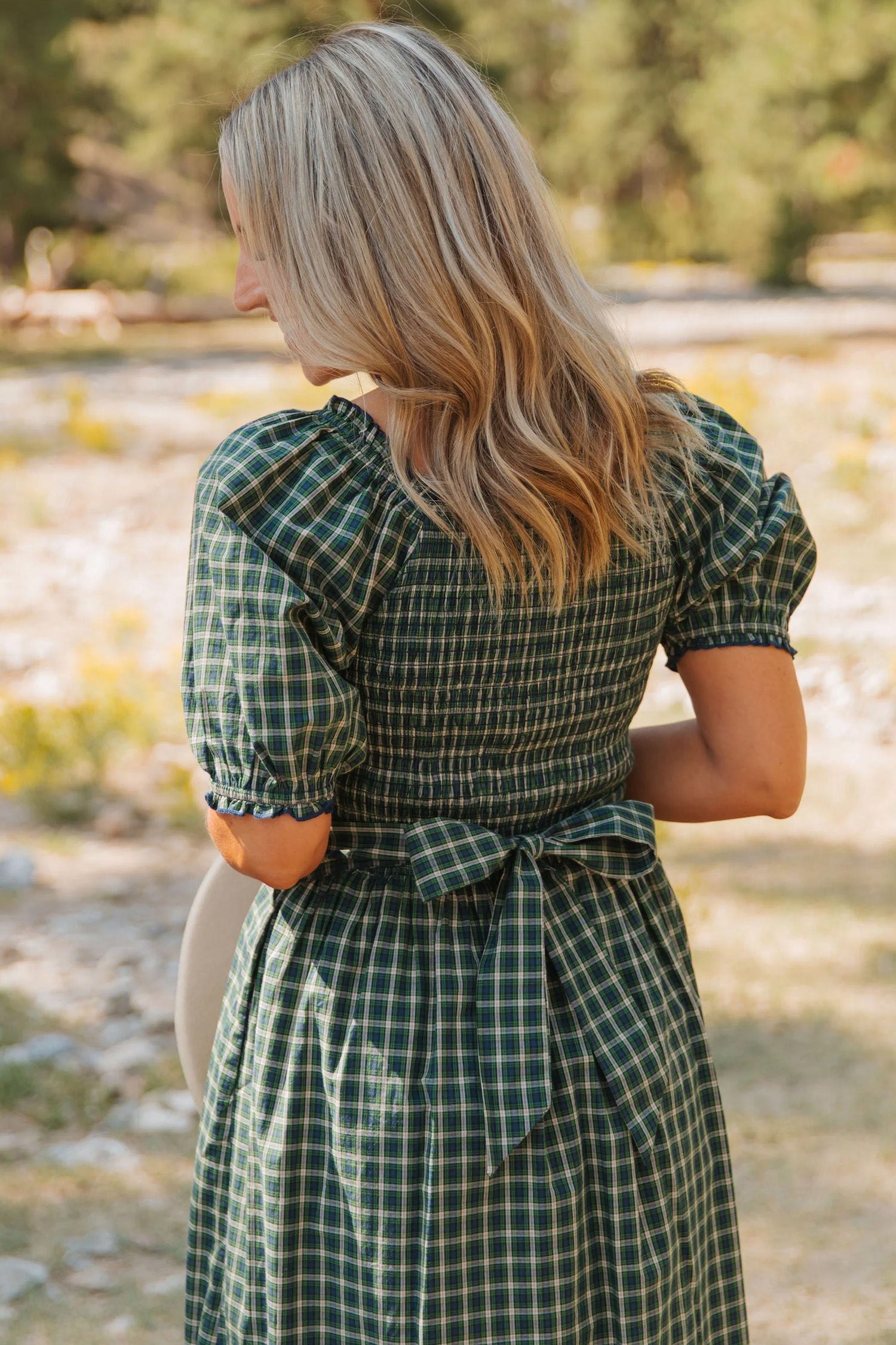 Green Plaid Square Neck Shirred High Waist Ruffle Hem Dress