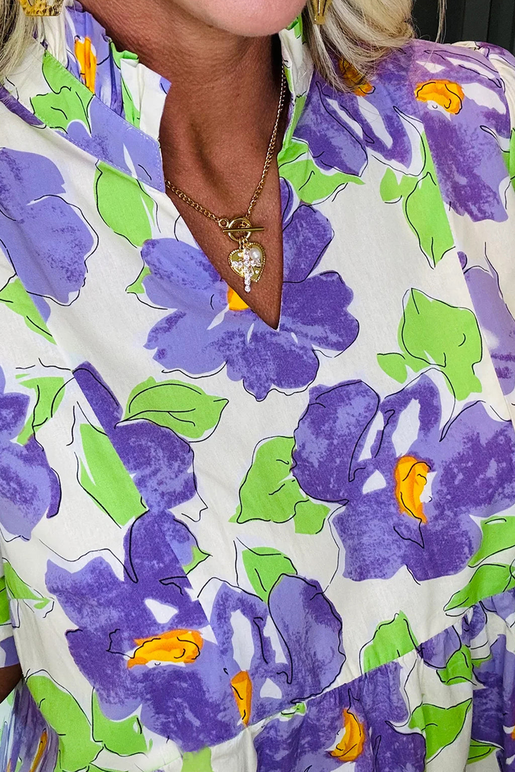 Purple Floral V Collar Short Sleeve Tiered Ruffle Mini Dress