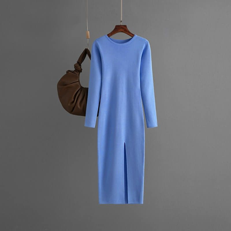 Vestido de cuello redondo sin espalda de punto de manga larga de otoño e invierno