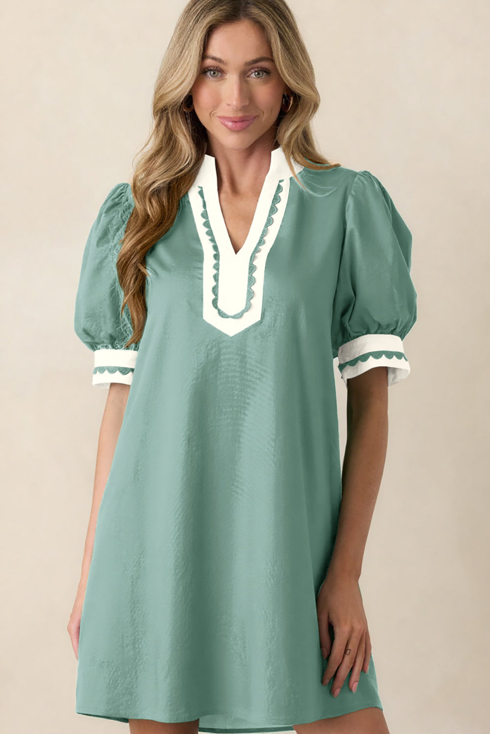 Light Pink Scallop Color Block Trim Puff Sleeve Mini Dress