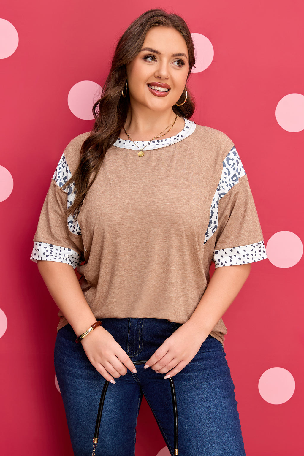 Chestnut Animal Color Block Patchwork Plus Size Tee